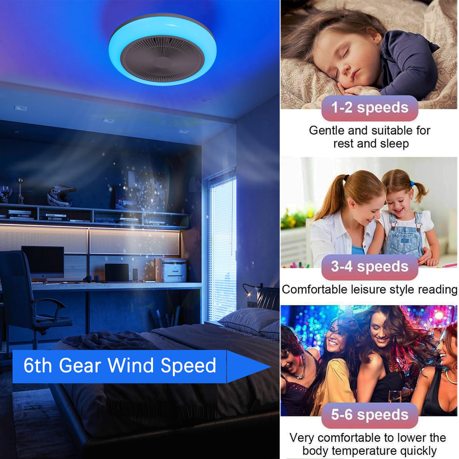 RGB Deckenventilator mit Beleuchtung und Bluetooth Lautsprecher 46cm | Fernbedienung/APP Dimmbar, LED Deckenlampe mit Ventilator Reversibel, Decken Ventilator mit Lampe Kinderzimmer Schlafzimmer