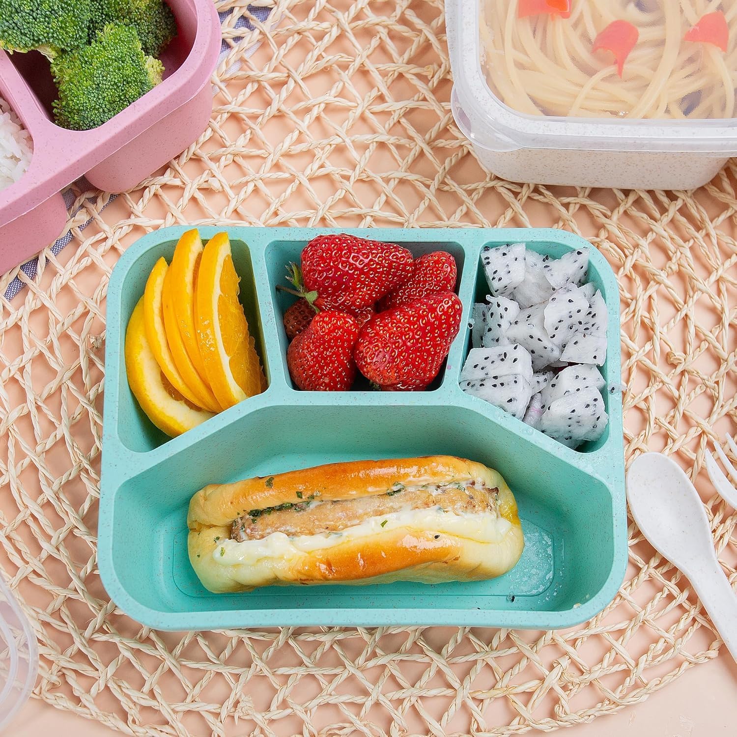 Bento Box z 4 przegródkami, bezpieczny pojemnik na żywność dla dzieci, dorosłych, idealny do szkoły, pracy, podróży (biały, różowy, niebieski, zielony)