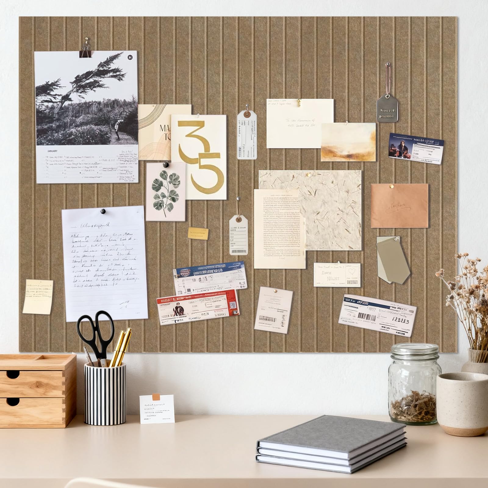 Large Felt Notice Board Bronze Self-Adhesive 90 x 120 cm Pin Board Cork 0.9 cm Thick Vision Board Set, Photo Wall Cork Board Pegboard Memo Board Felt Panels Pin Board Modern for Office Kitchen