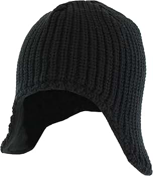 Black Winter Knit Sherpa Beanie Hat w/Earflaps & Fleece Lining