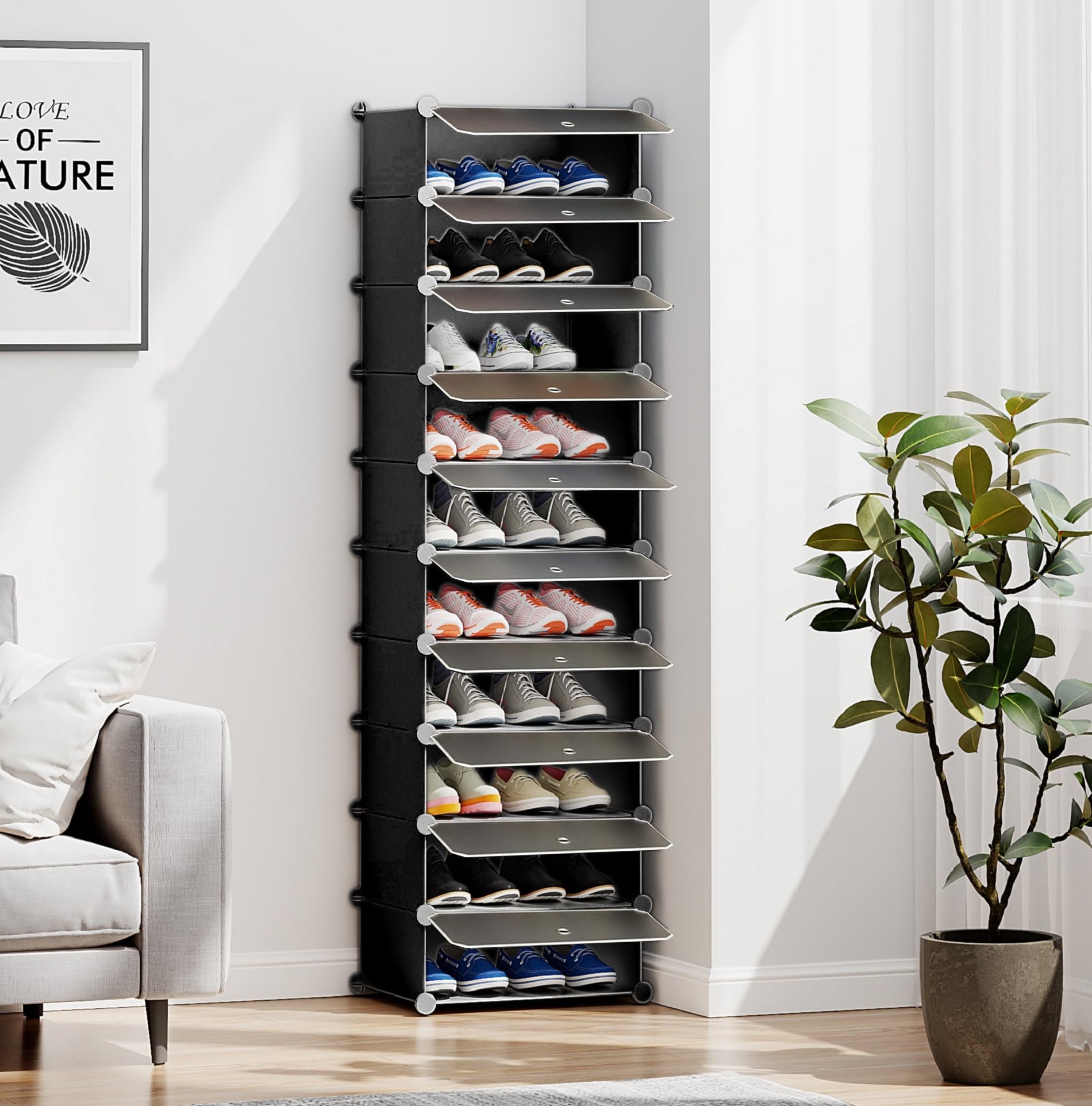 EXVITO 10 Tier Portable Shoe Rack for Home Plastic Shelves Household - DIY Multipurpose Shoe Rack Organizer, Shoe Storage-Shelf with Dustproof Door Entryway for Heels/Slippers/Boots - Black (B0DD3QYMS8) Amazon Price History, Amazon Price Tracker