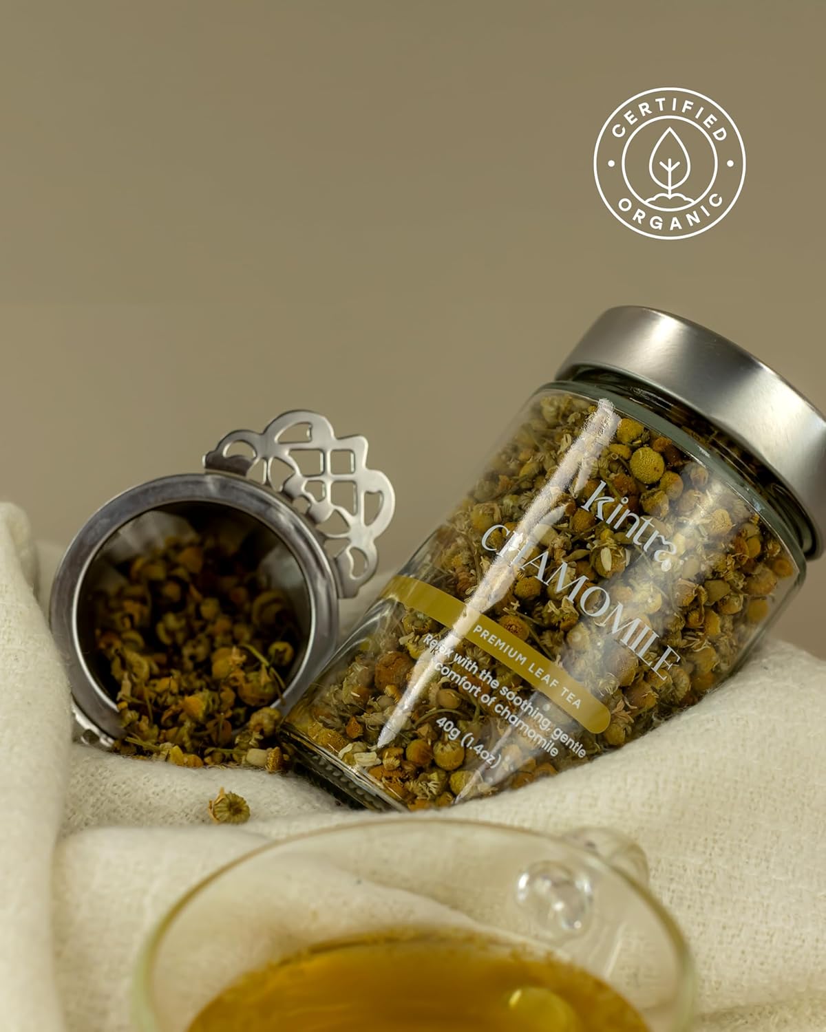 Kintra Foods Chamomile Botanical Herbal Loose Leaf Tea Jar, 40g | Chamomile Whole Flower Tea Leaves | Loose Leaf Herbal Tea for Relaxation & Restful Sleep | Caffeine-Free, No Additives, No Sugar