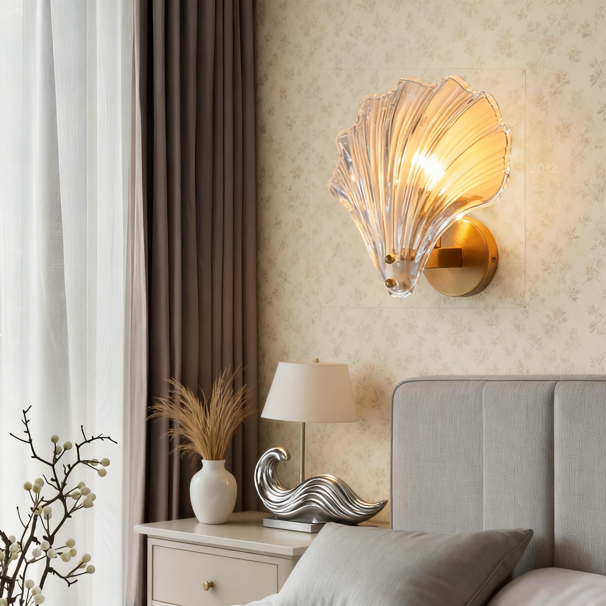 zhxinashu Wandleuchte Muschel,Wandlampe Glas für Schlafzimmer,Bernstein | Art-Deco-Wandleuchte Modern, E14-Leuchtmittel nicht enthalten, für Schlafzimmer, Wohnzimmer, Flur, 20 x 22 cm