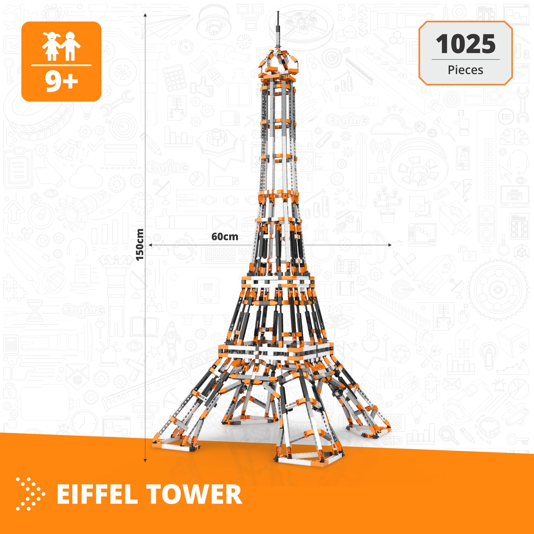 Engino: Mega Builds: Eiffel Tower - 1025pc Brick Building Set, 4.5' Tall Iconic Landmark Model, Snap Assembly, Storage Tub, STEM Kit, Adults & Kids 9+