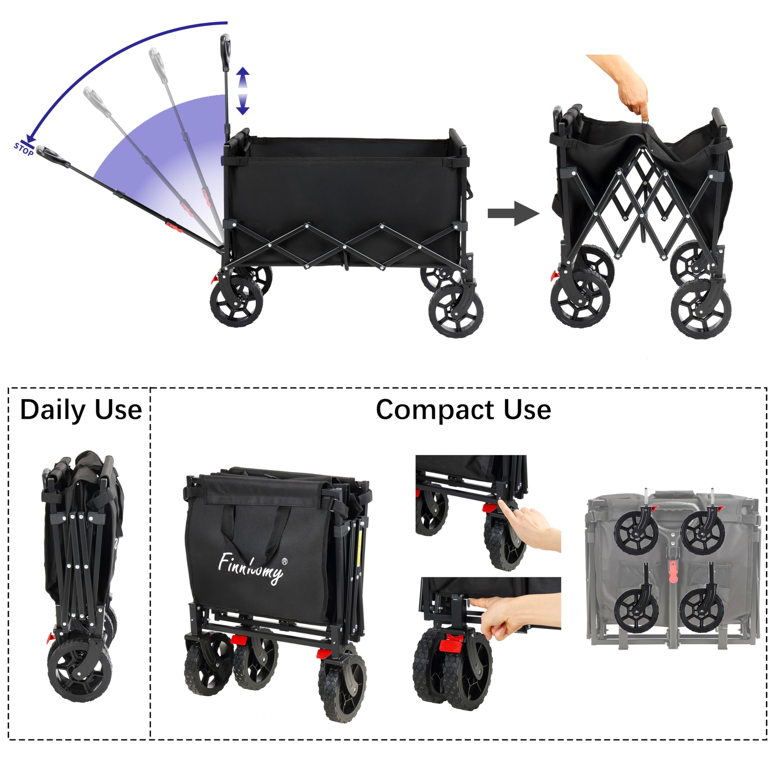 Carrello Da Trasporto Pieghevole 70x52,5x90 Cm Max 150 Kg In Acciaio E PP Nero E Rosso - Foto 8