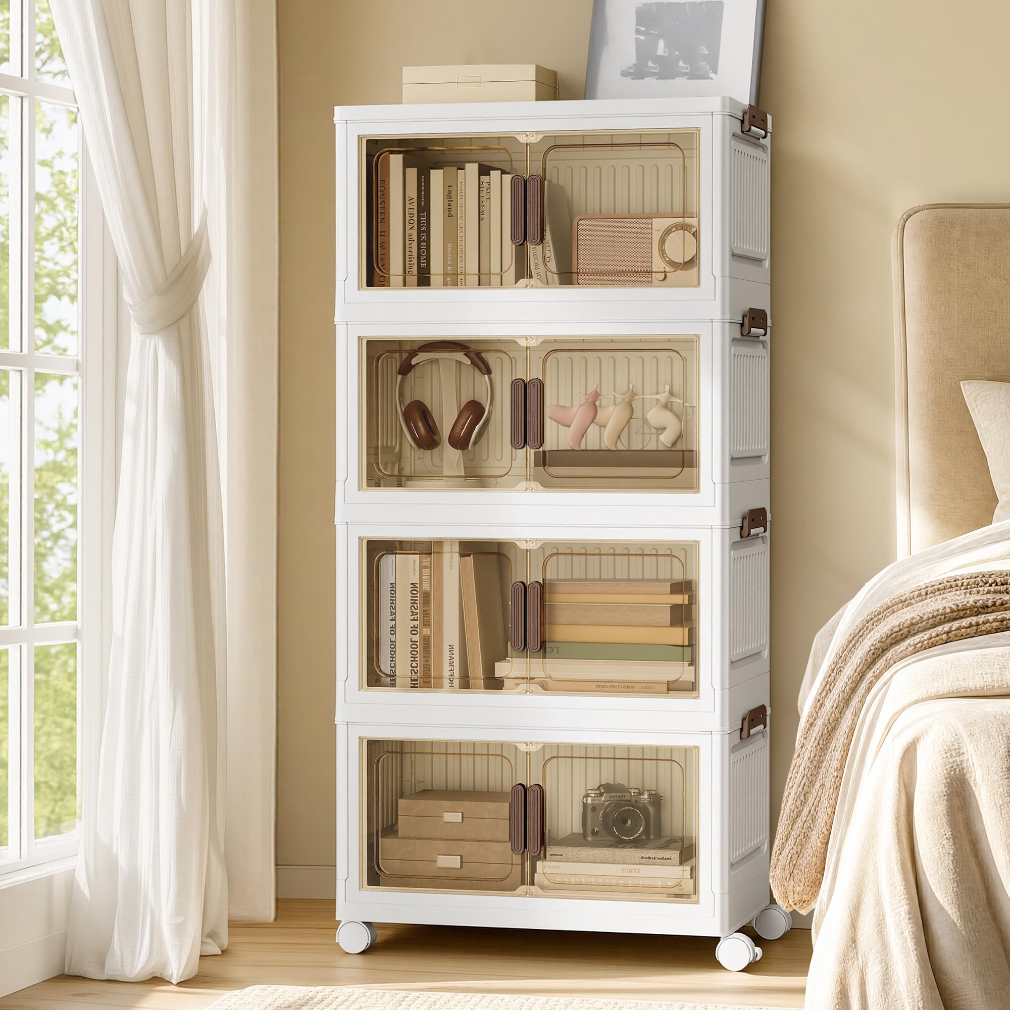SONGMICS 48QT Kunststoff-Aufbewahrungsbehälter mit 1 Deckel, 4-stöckig, stapelbare Behälter mit Türen und Rädern, faltbare Aufbewahrungsboxen, für Schränke, Schlafzimmer, Wohnzimmer, Büro, Weiß