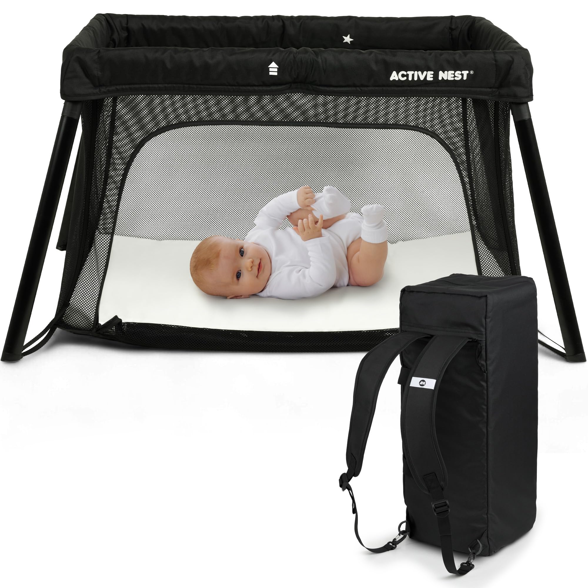 ACTIVE NEST 2-in-1 Baby Reisebett 0–3 Jahre – mobiles Babybett mit Komfortmatratze & Rucksack – Ultraleicht 6 kg – in nur 15 Sek. auf- und abgebaut – EN 716 geprüft – für Reisen & Zuhause