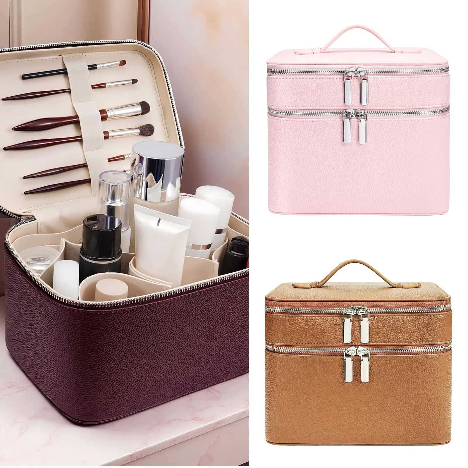 Doppelschichtige Kosmetiktasche mit großer Kapazität, PU Leder, wasserdicht, leicht, ideal für Reisen und den täglichen Gebrauch, Make up Planer für den täglichen Gebrauch