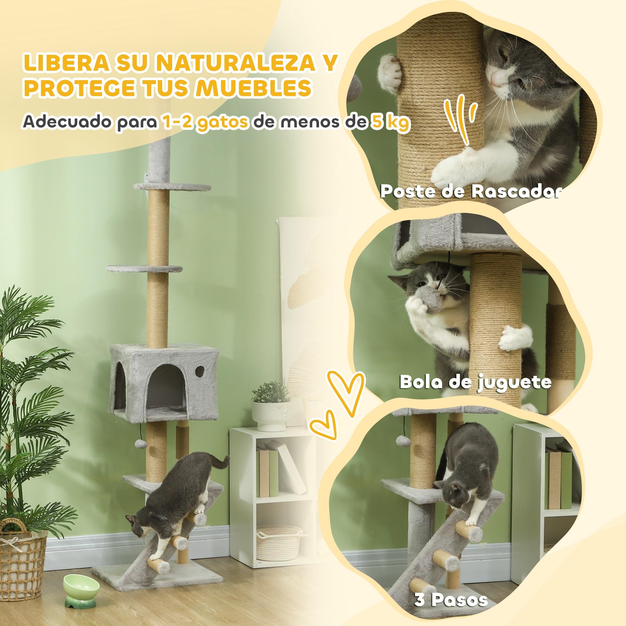 PawHut Árbol para Gatos de Suelo a Techo con Escalera 225-255 cm Gris Claro | Árbol Rascador para Gatos, Altura Ajustable, Múltiples Plataformas, Bola Colgante