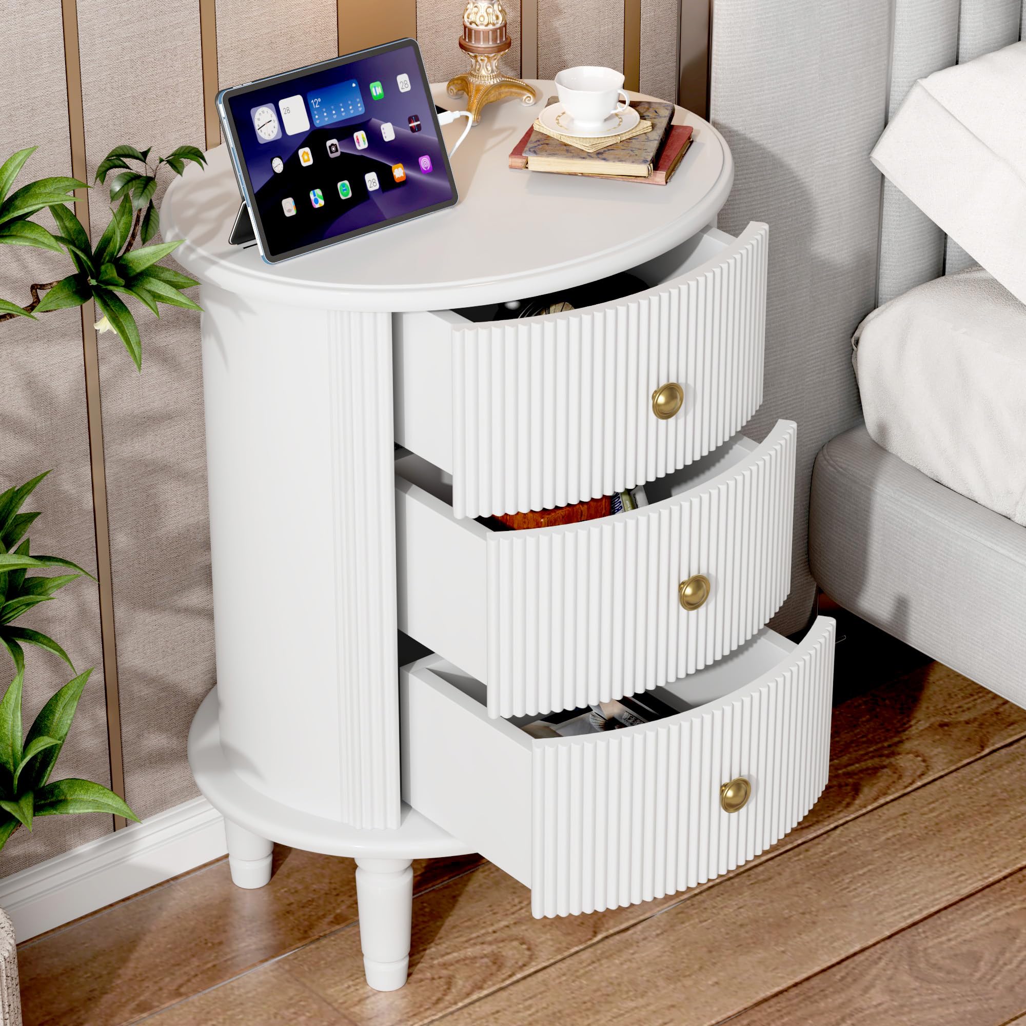 Wood Nightstand with Charging Station, Fully Assembled Bedside Table with Storage, Round 3-Drawer Nightstands for Bedroom (White)