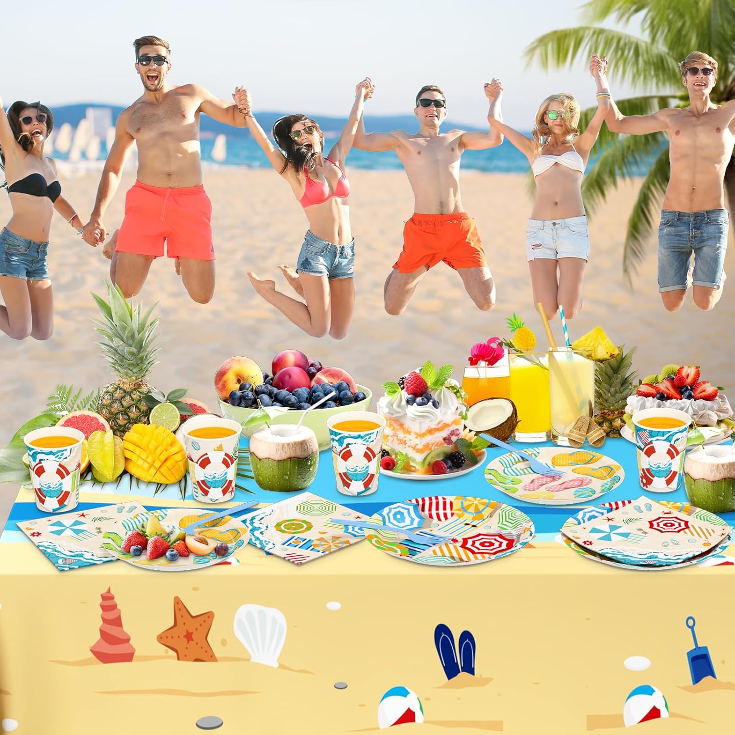 DYLIVeS Summer Beach Party Decorations, Hawaiian Beach Pool Umbrella Flip Flops Paper Plates Napkins Cups, Cup Sleeves, Forks Set Summer Birthday Party Favors Luau Tropical Party Supplies, Serve 24