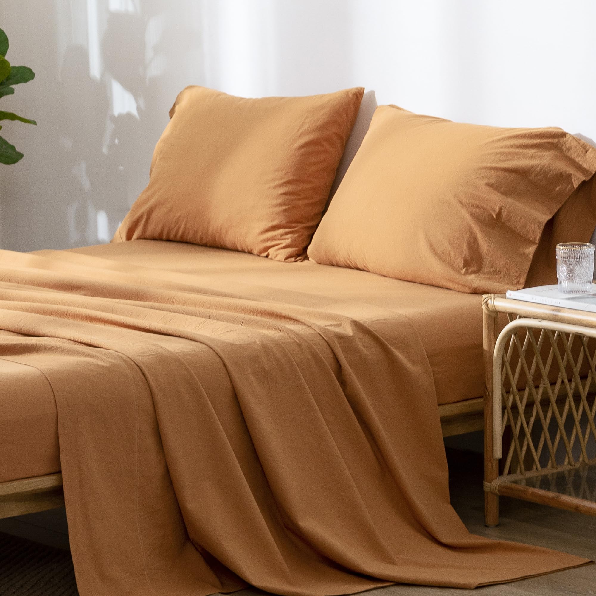 MooMee 100% Washed Cotton Sheet Set - Linen-Like Texture, Breathable & Soft, Deep Pocket Fits Mattress Up To 17" - View #11