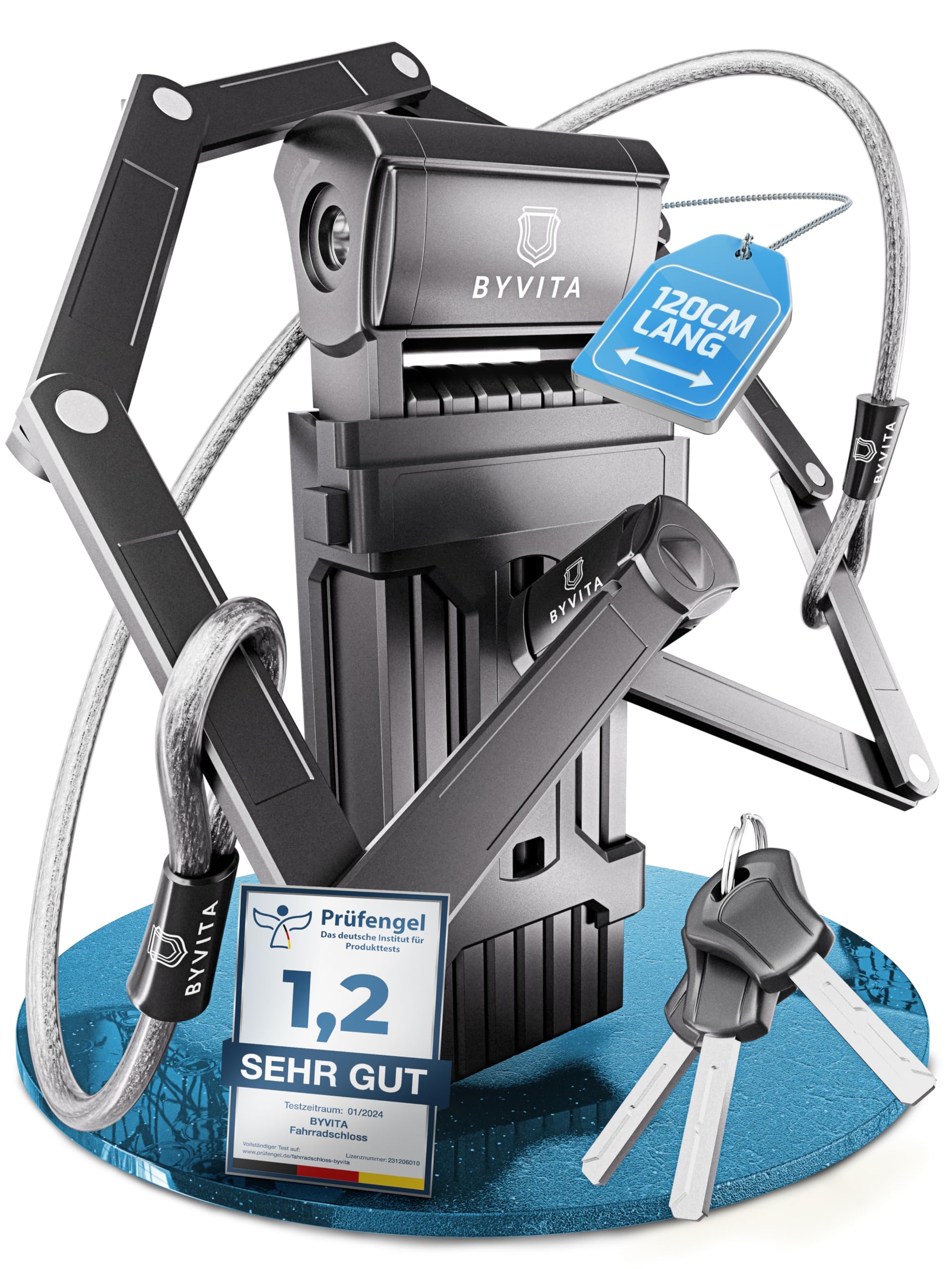 BYVITA Faltschloss Fahrrad 120cm diebstahlsicher inkl. Kabelschloss - Fahrradschloss hohe Sicherheit - Fahrradschloss Faltschloss mit Halterung - Fahrrad Schloß ideal für E-Bike - Bike Lock