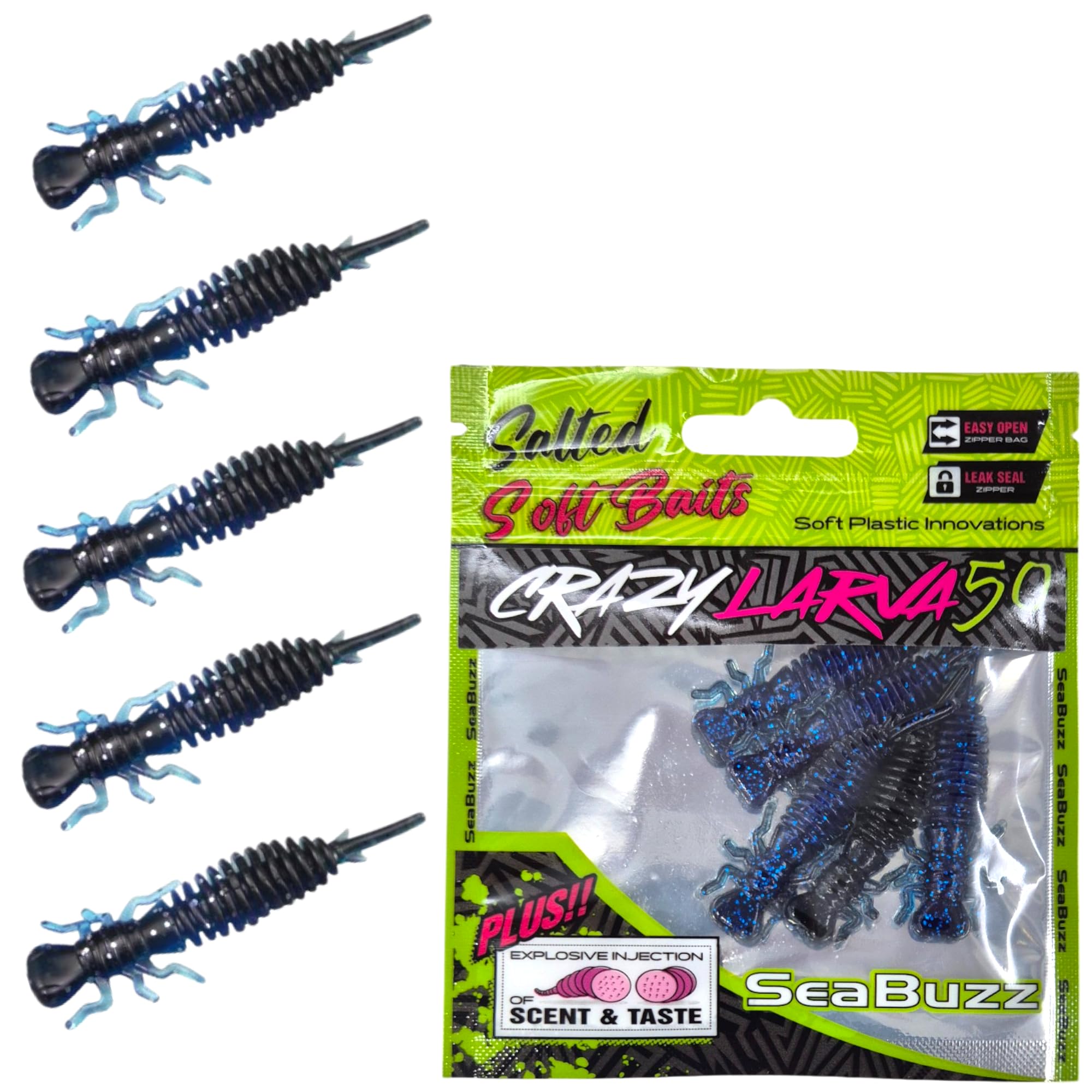 Larva Set di esche da pesca in gomma, 5 pezzi x 50 mm, esche in gomma per trote, luccio e luccioperca, pesce gatto e pesce persico – set da pesca per acqua dolce e salata
