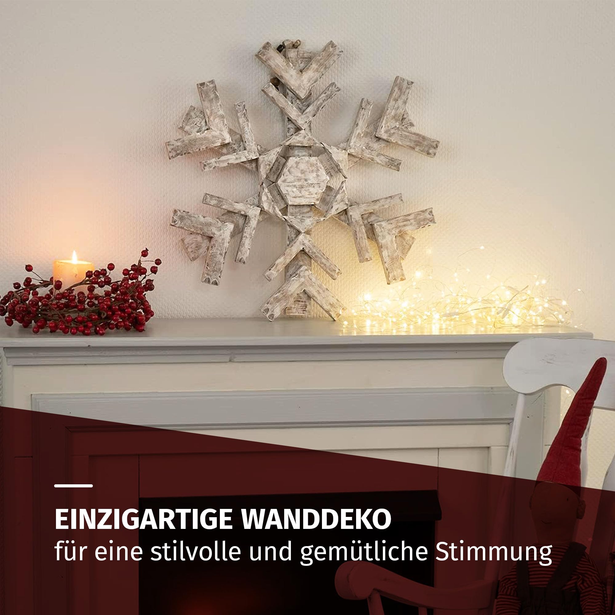 Moritz Décoration de Noël flocon de neige 60 cm à suspendre en bois de manguier Décoration murale ou de fenêtre de style naturel avec suspension en perles de bois Décoration de Noël rustique