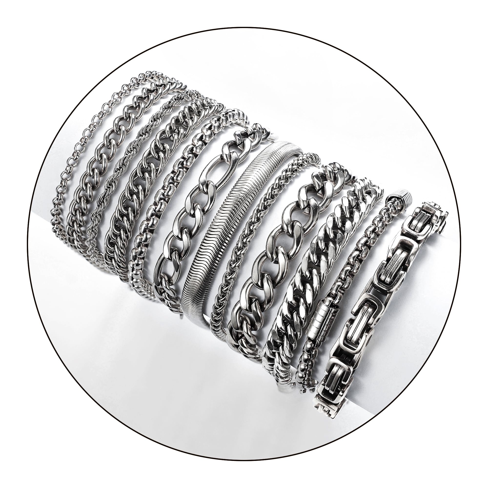 12 pulseras de cadena de eslabones cubanos de acero inoxidable para hombres y mujeres, cadena de cuerda fígaro dorada, juego de pulseras de cadena de eslabones cuadrados Rolo trenzadas de 7.5