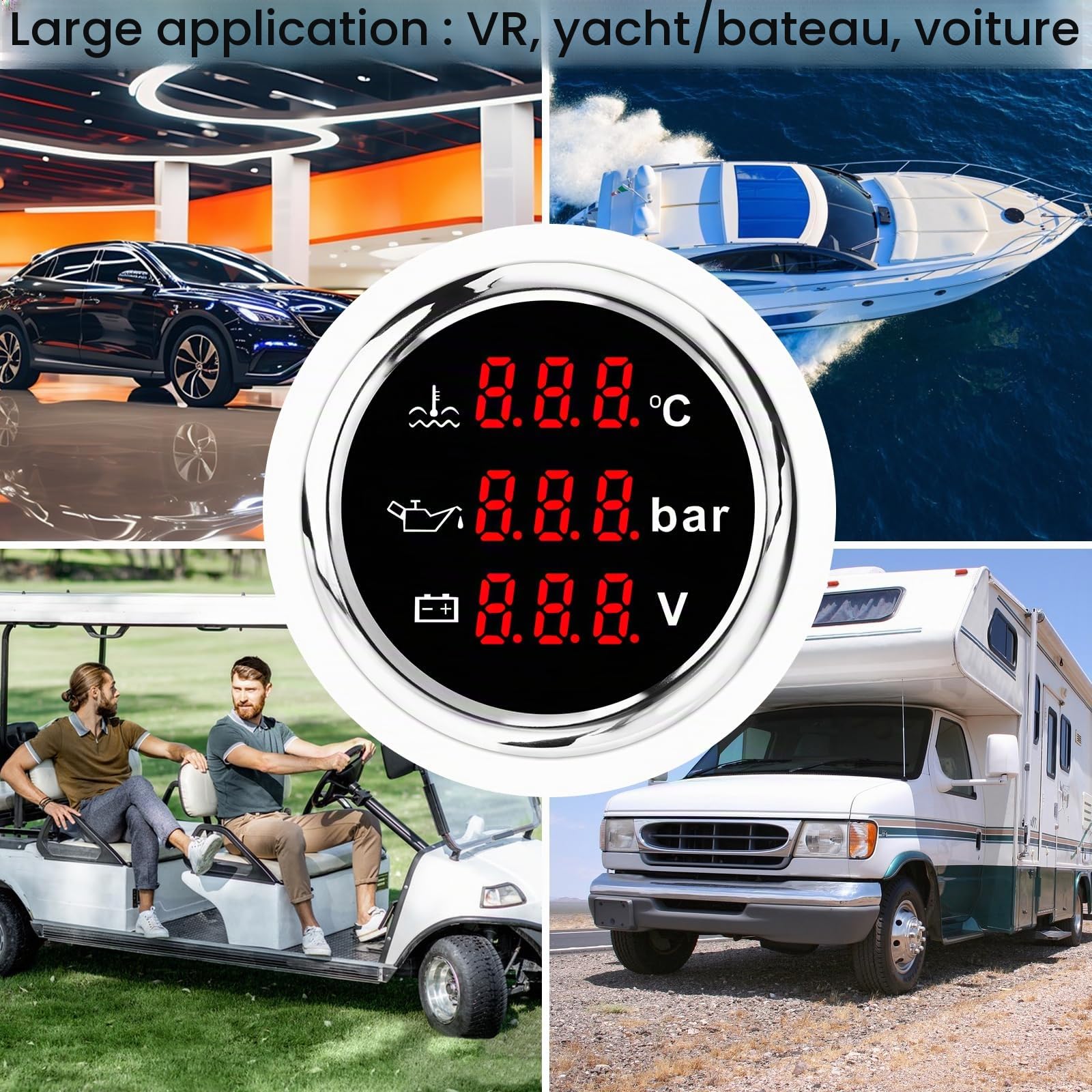 Geloo Jauges Triple universelles 52mm Jauge 3-en-1 voiture bateau liquide de refroidissement température de l'eau pression d'huile jauge de niveau de carburant avec alarme pour voiture Marine Yacht