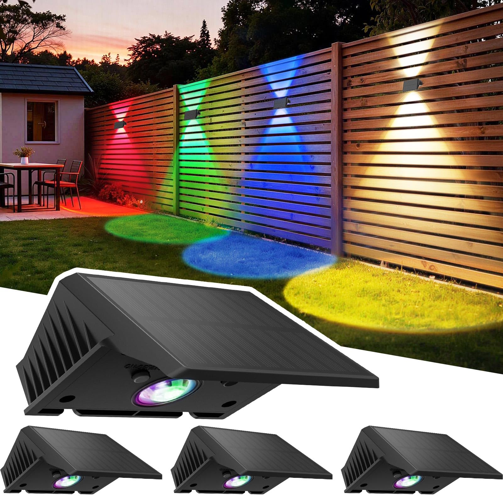 Delaiglow Solar Fence Lights Outdoor - 4 Pack RGB Solar Wall Lights with 5 Colour Modes, IP67 Waterproof, 3 Light Direction Modes for Garden, Fence & Patio
