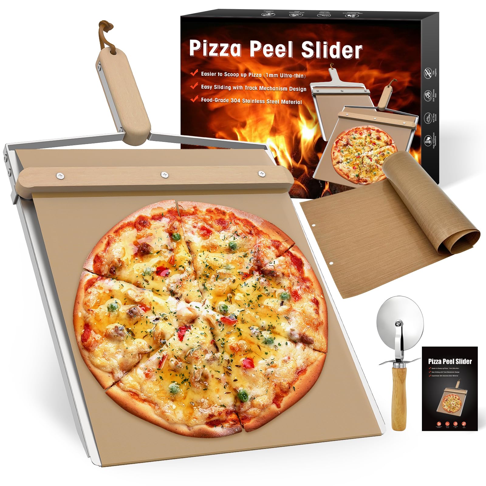 Sliding Pizza Peel, Non Stick Pizza Peel Slider 12 inch with Wood Detachable Handle Durable with PTFE Cloth Replacement 14.96