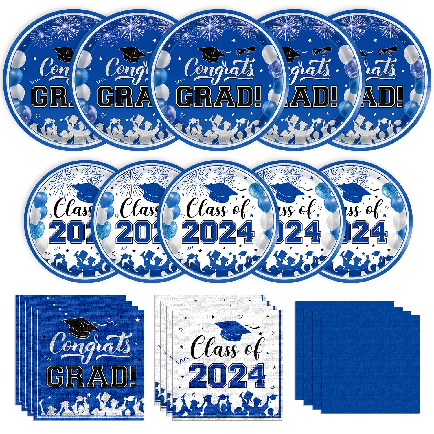 Photo 1 of Graduation Plates and Napkins 2024 Graduation Decorations Class of 2024 Blue Silver Paper Plates Cocktail Napkins for Congrats Disposable Grad Party Decorations Serve 50 Graduation Party Supplies