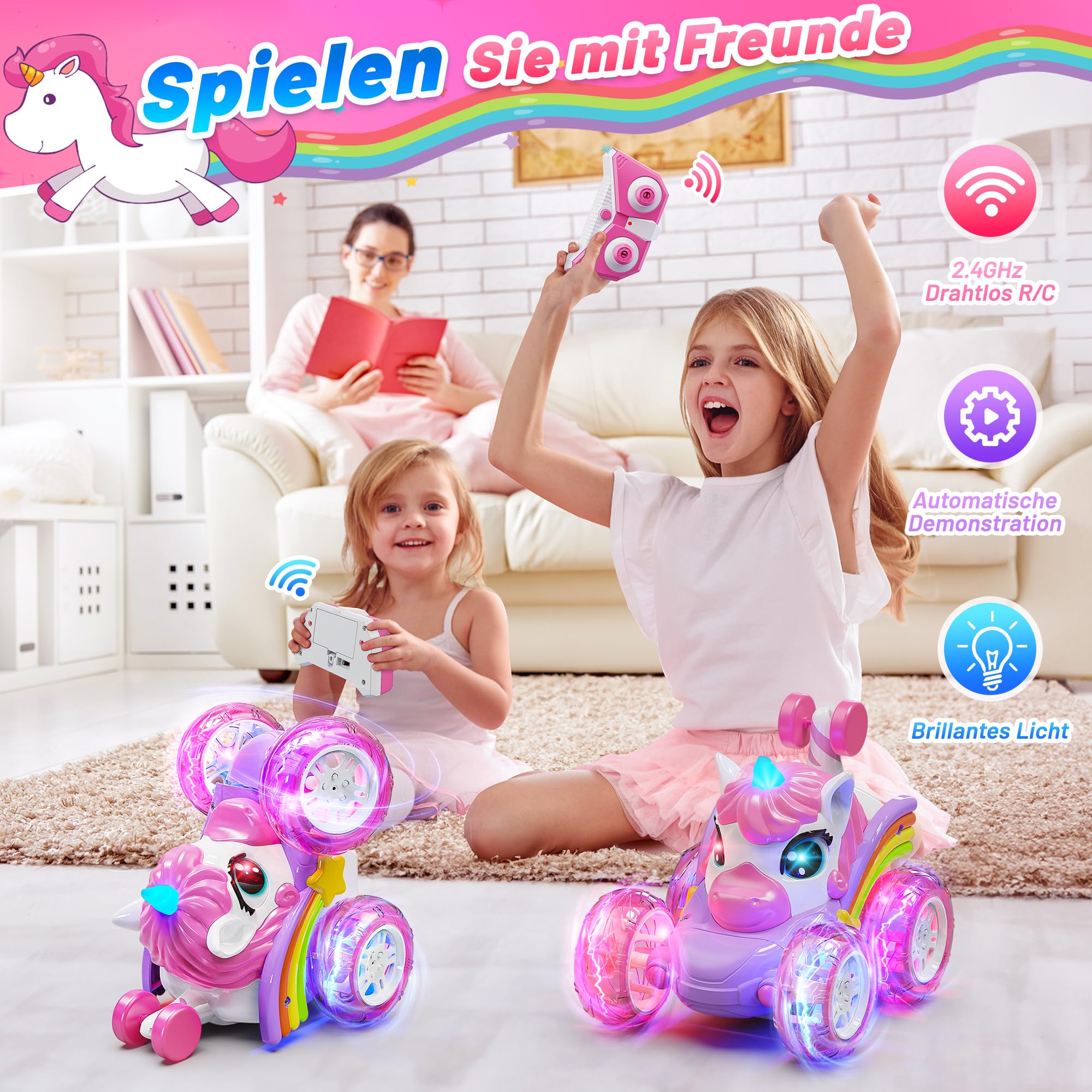 Hot Bee Ferngesteuertes Auto Mädchen ab 3 4 5 6 Jahre, Auto Spielzeug ab 3 4 5 6 Jahre Mädchen, Einhorn Geschenk Mädchen 3-6 Jahre