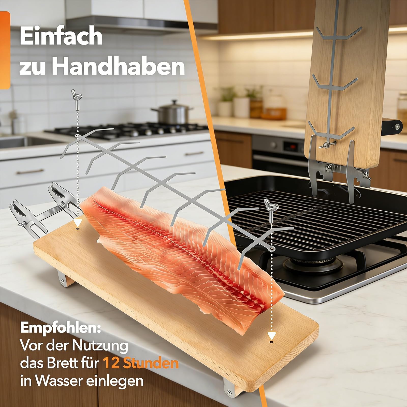 Griglia per salmone e pesce in acciaio inox con base pieghevole e in legno per un riscaldamento uniforme e una facile conservazione