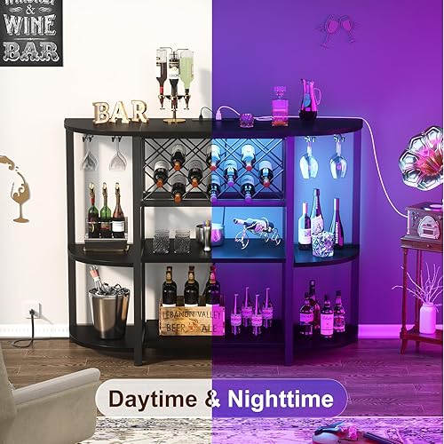 Miniatura 6 de Unikito Armario de barra de café de metal de 4 niveles con salida y luz LED, mesa de barra independiente para licor con soporte para vidrio y