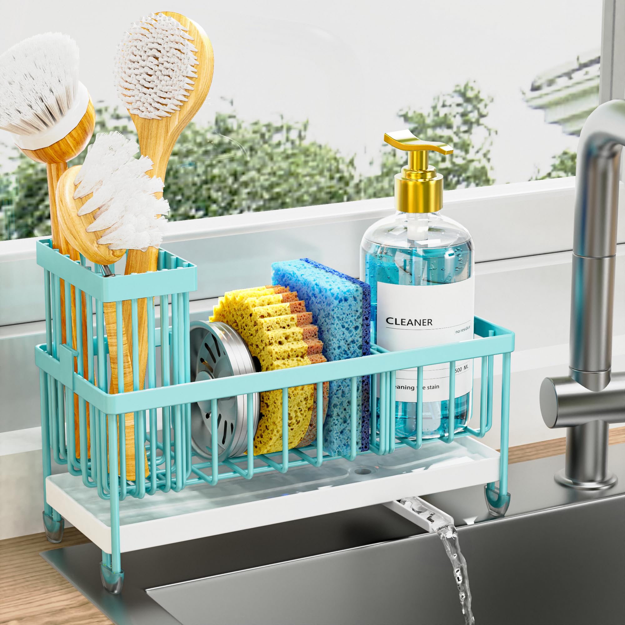 Cisily Sponge Holder for Kitchen Sink, Sink Caddy Organizer with High Brush Holder, Kitchen Countertop Organizers and Storage Essentials, Rustproof 304 Stainless Steel (Turquoise, 9.25″) Turquoise - 9.25″