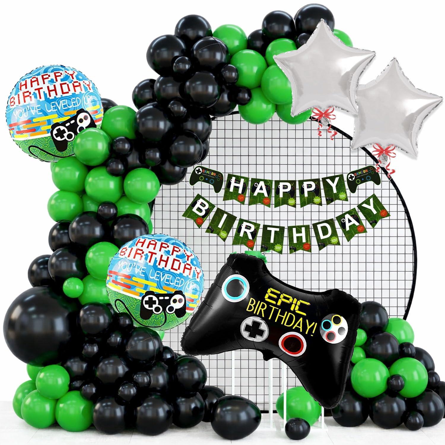 Rozi Decoration Gaming Birthday Party Decorations, 46 Pieces, Black and Green Balloons, Happy Birthday Banner, Game Controller Foil Balloons, Video Game Theme-image-40