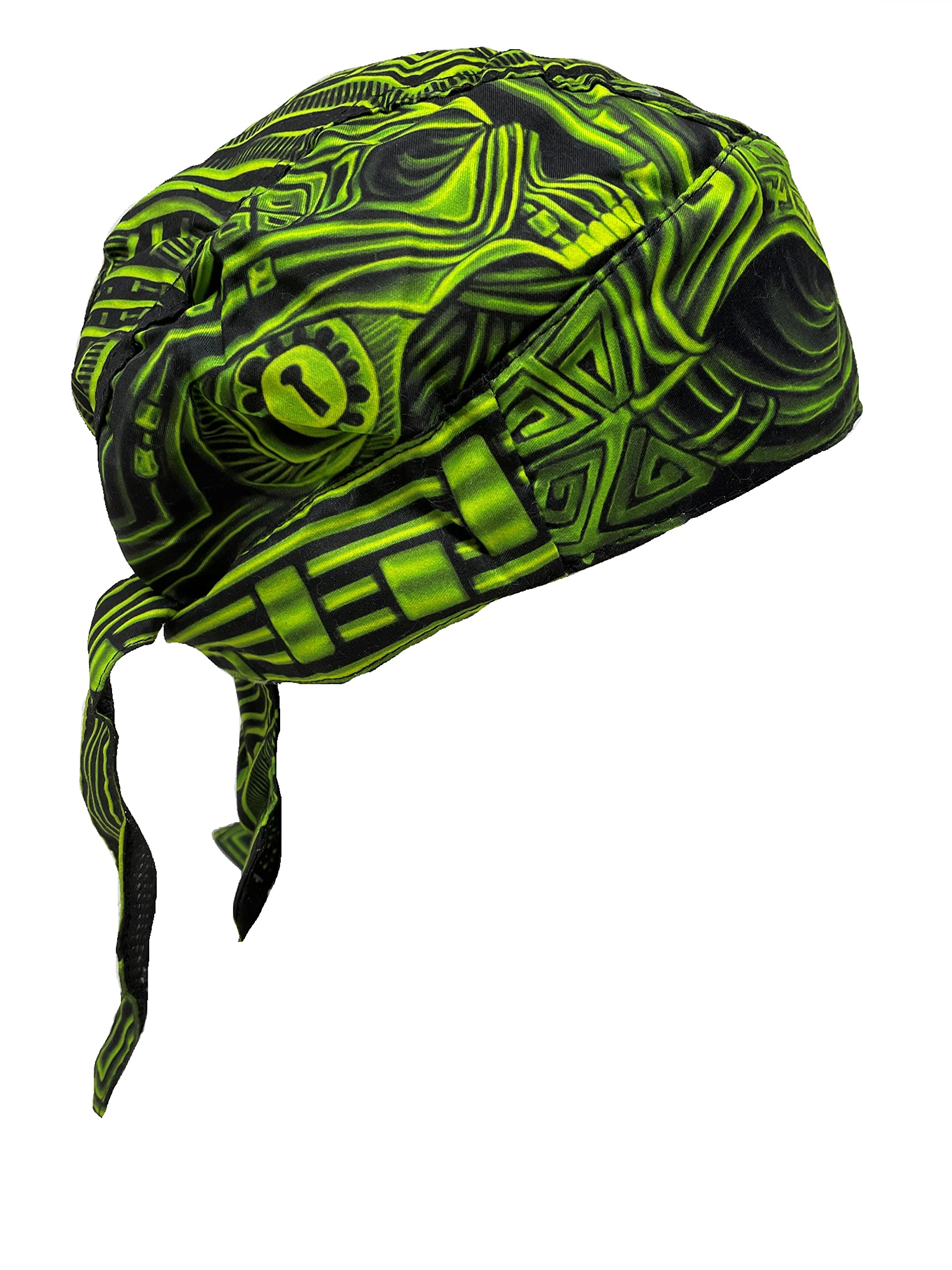 Capsmith Platinum Biker Doo Rag Durag Headwrap Black Neon Green Alien Skull Geometric Pinstripe Sweatband