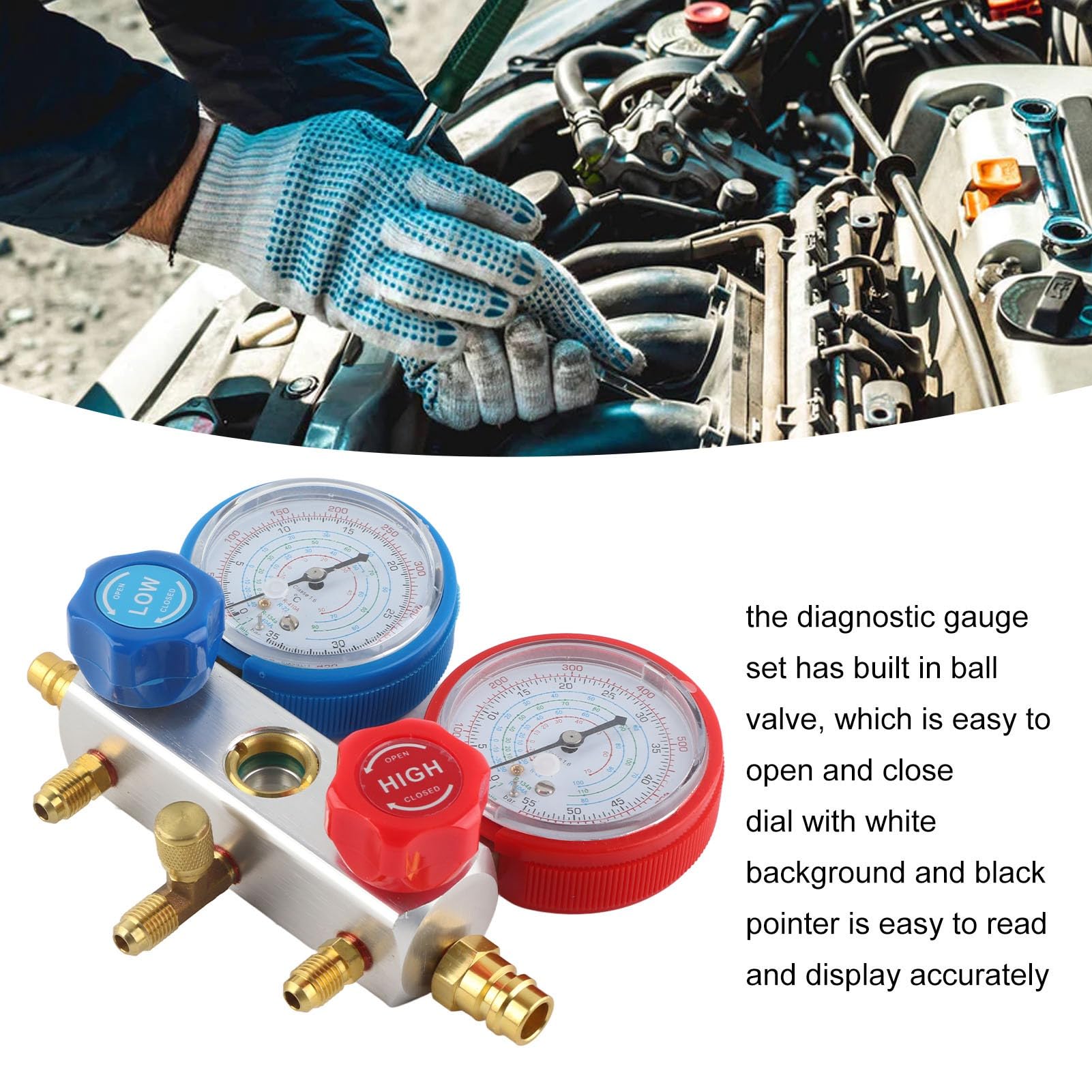 3-Wege-AC-Diagnose-Verteiler-Messgerät-Set, Kältemittel-Ladewerkzeug-Set für R410A R22 R404, professionelles HVAC-Messgerät-Set mit 3 Füllschläuchen, eingebauter Kugelhahn für