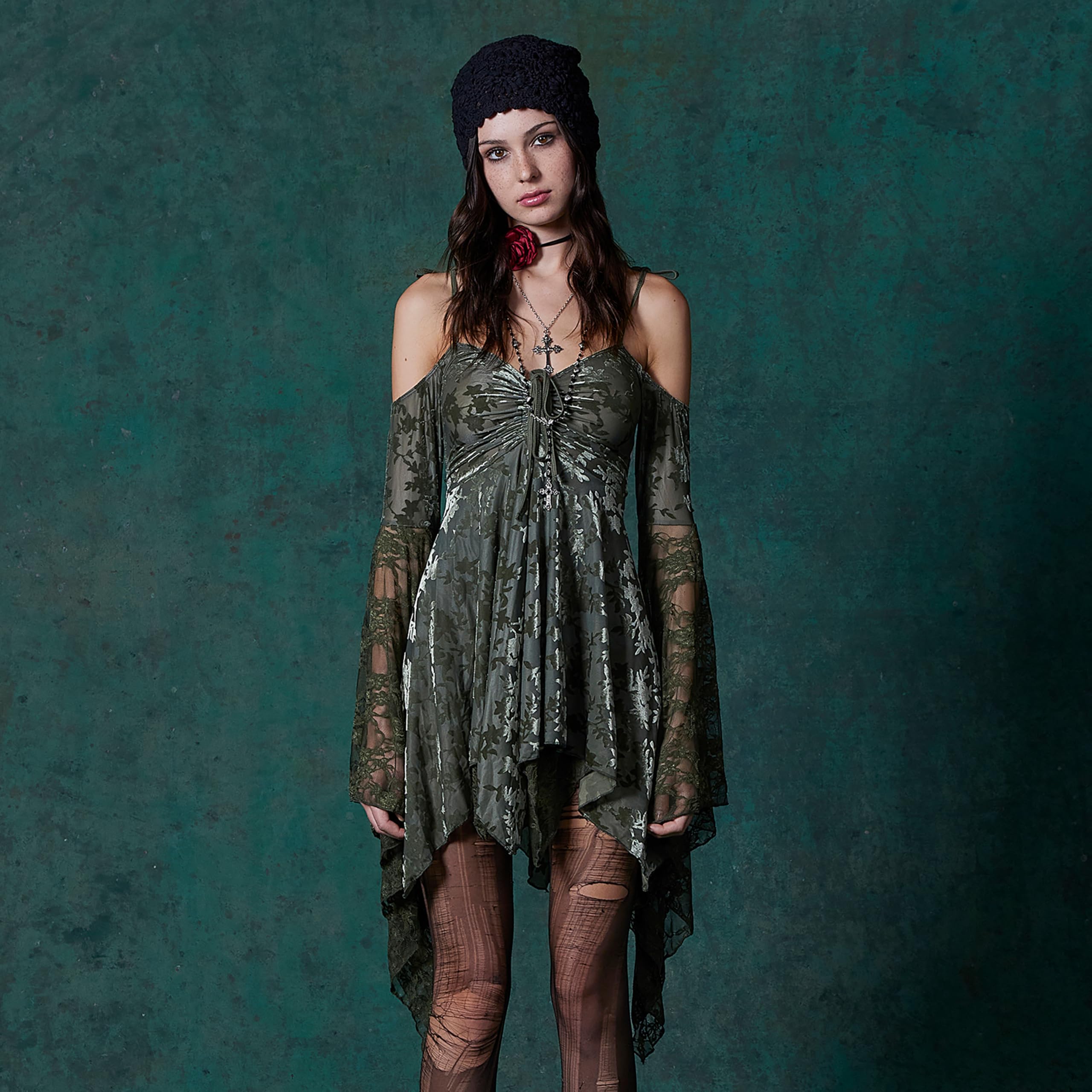 Dolls Kill F is for Fairies Handkerchief Dress by Current Mood Perfect for Fairycore Fashion: XX-Large Green Velvet Lace