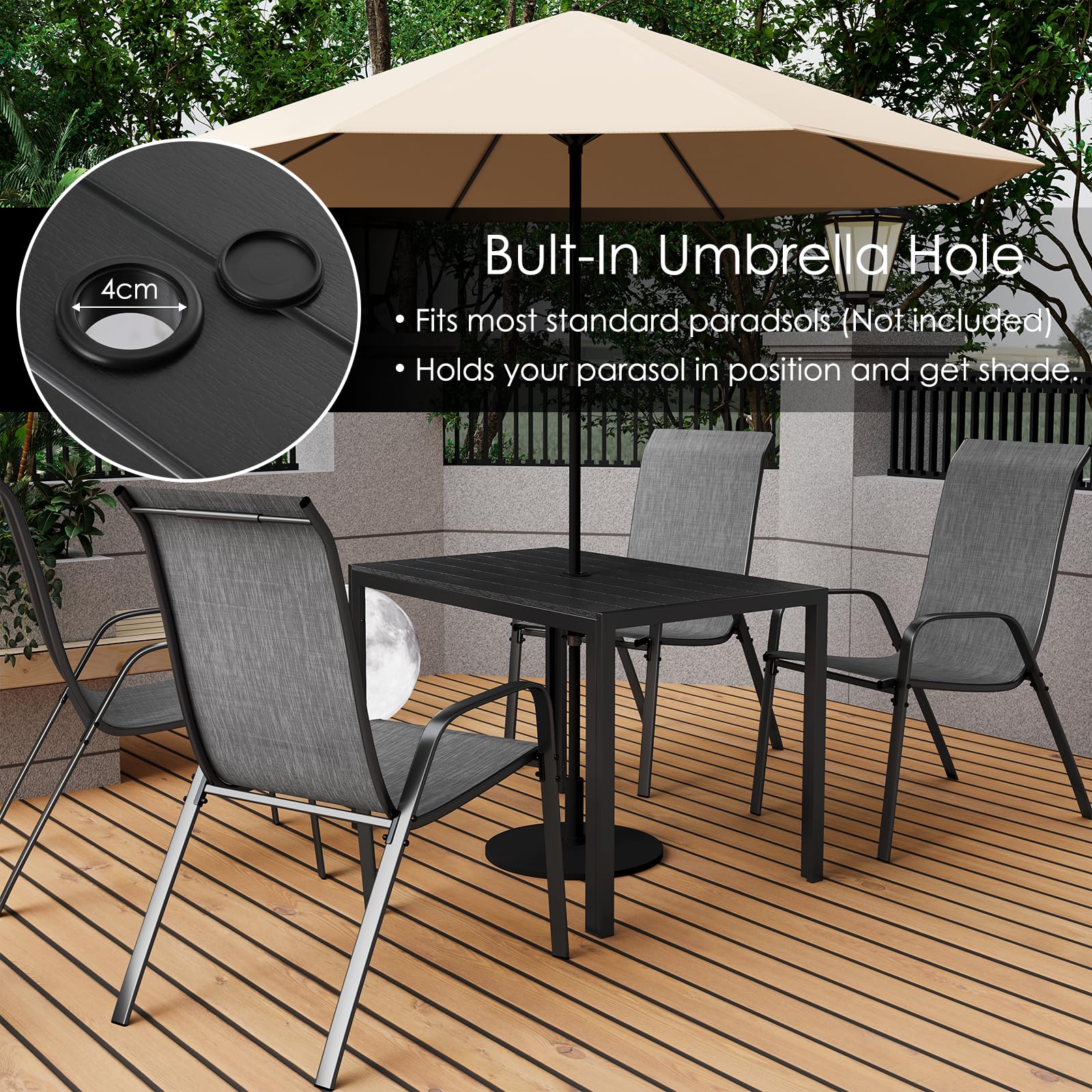 LIFERUN Tavolo da Giardino con Foro per Ombrellone 110x70 cm | Tavolo da Esterno Balcone Rettangolare in Alluminio e WPC per 4-6 Persone, Resistente alle Intemperie, Nero