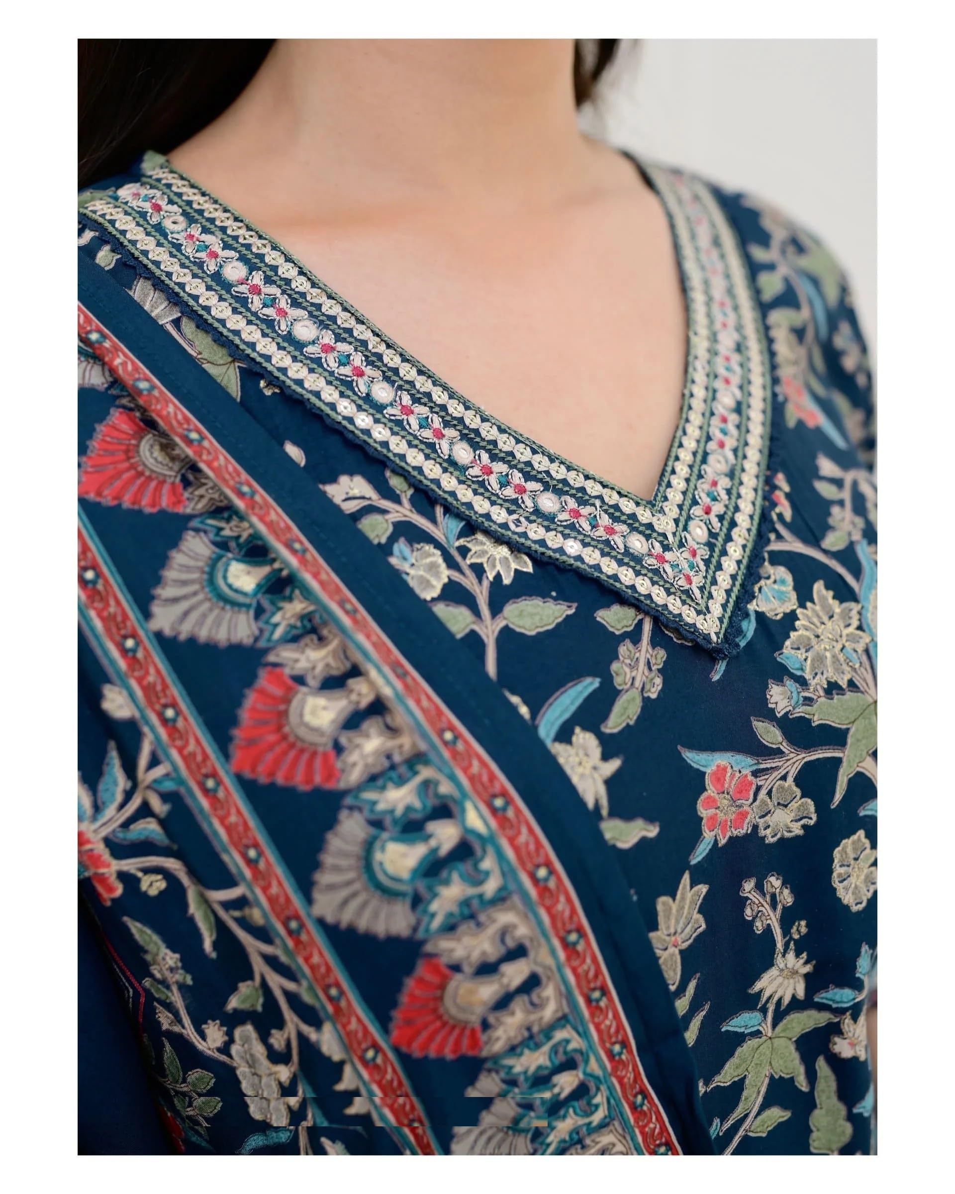 KLOSIA Women Printed Kurta and Pant Set with Dupatta (Medium) Blue 1
