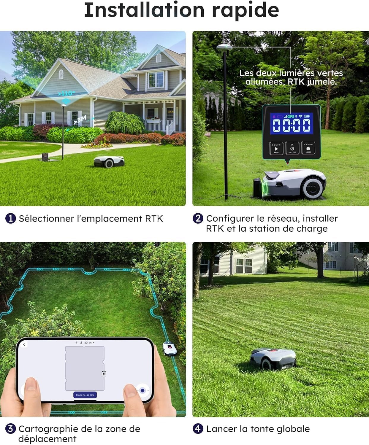 ANTHBOT Genie1000 Robot Tondeuse sans Fil Périphérique -2000m² Full Band RTK+4Yeux IA Vision Tondeuse Robot Gazon, Auto Cartographie, 20Multi-Zone, Évitement des obstacles, Charge Auto, Alarme antivol