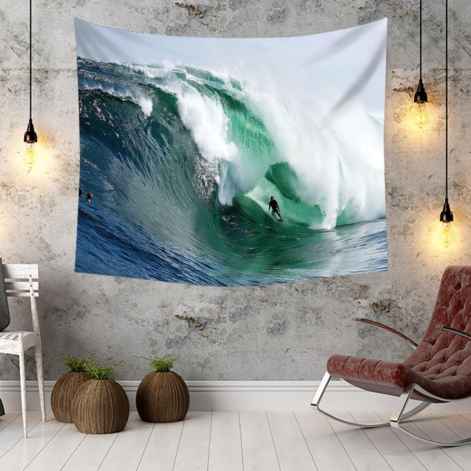 Tappeto Parete Soggiorno, Onda dell'Oceano e Surfista da Appendere alla Parete per la Decorazione della casa, 300x256cm