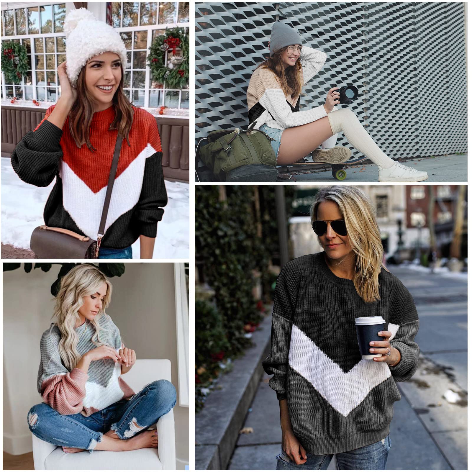 heekpek Jersey Punto Mujer Invierno Cuello Redondo Rayas de Costura en Forma de V Jersey Manga Larga Basico Casual Otoño e Invierno Suéter para Mujer