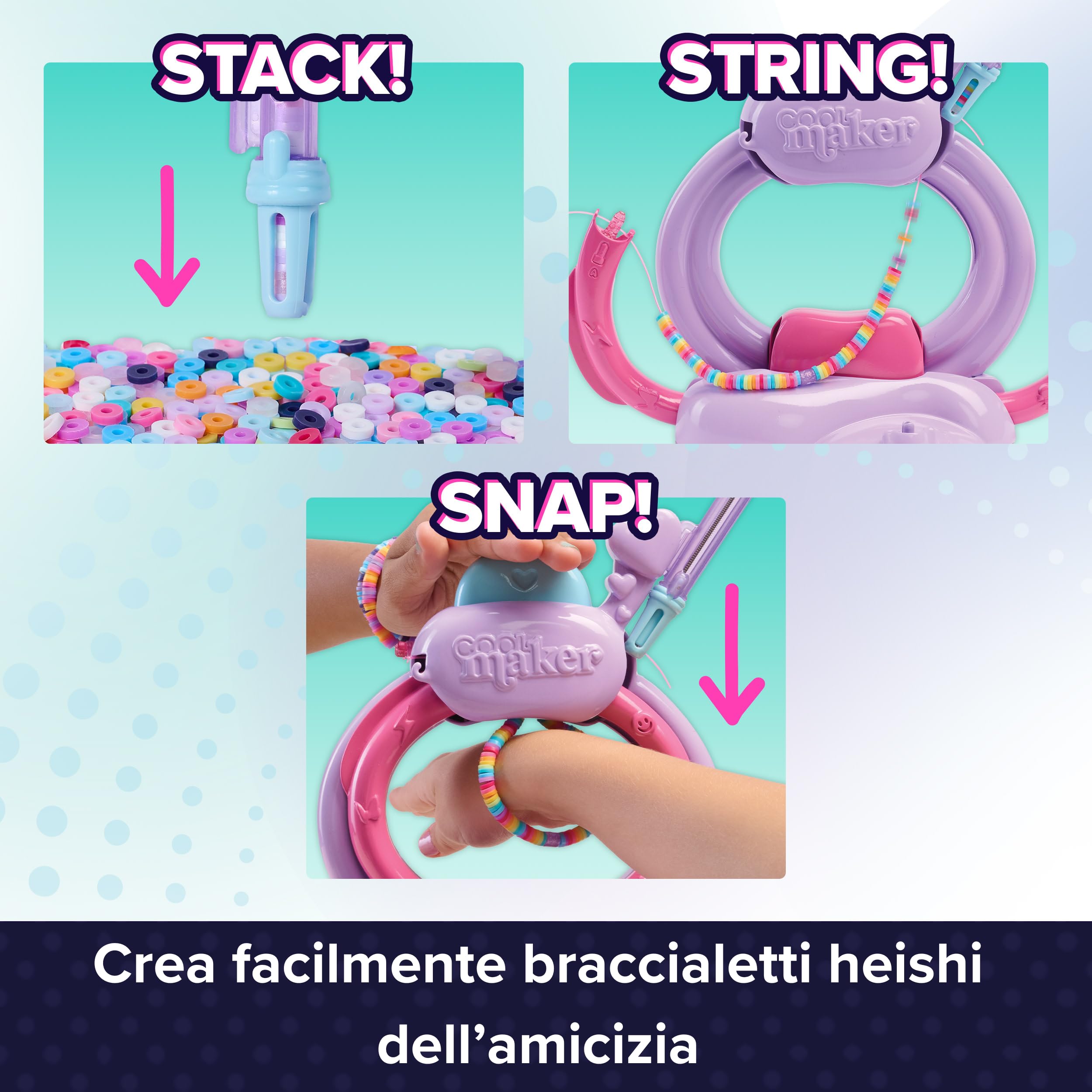 Cool Maker, Macchina dei Braccialetti Heishi dell'Amicizia, con Pratica Penna Impila-Perline e oltre 1200 Perline, per la Realizzazione di 15 Braccialetti, Giocattoli Artistici per Bambine, 7+ Anni