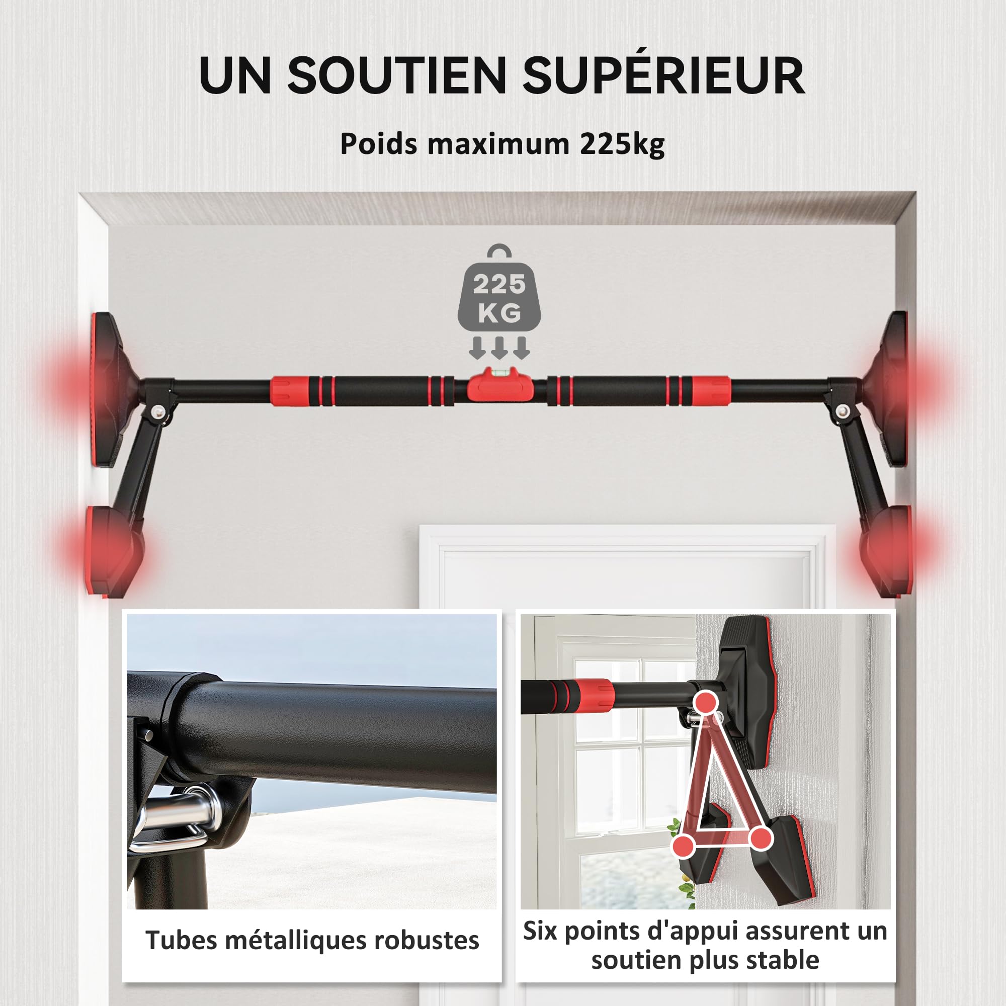 SPORTNOW Barre de traction réglable de 80 à 110 cm, barre de porte niveau intégré, structure triangulaire robuste, sans perçage, support à 6 points, poignées antidérapantes, jusqu'à 225 kg, noir