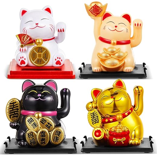 4 Pcs 2" Lucky Cat Waving Arm Maneki Neko Solar Lucky Cat Feng Shui Fortune Wealth Chinese Welcoming Window Car Dashboard Car Decor(Classic)