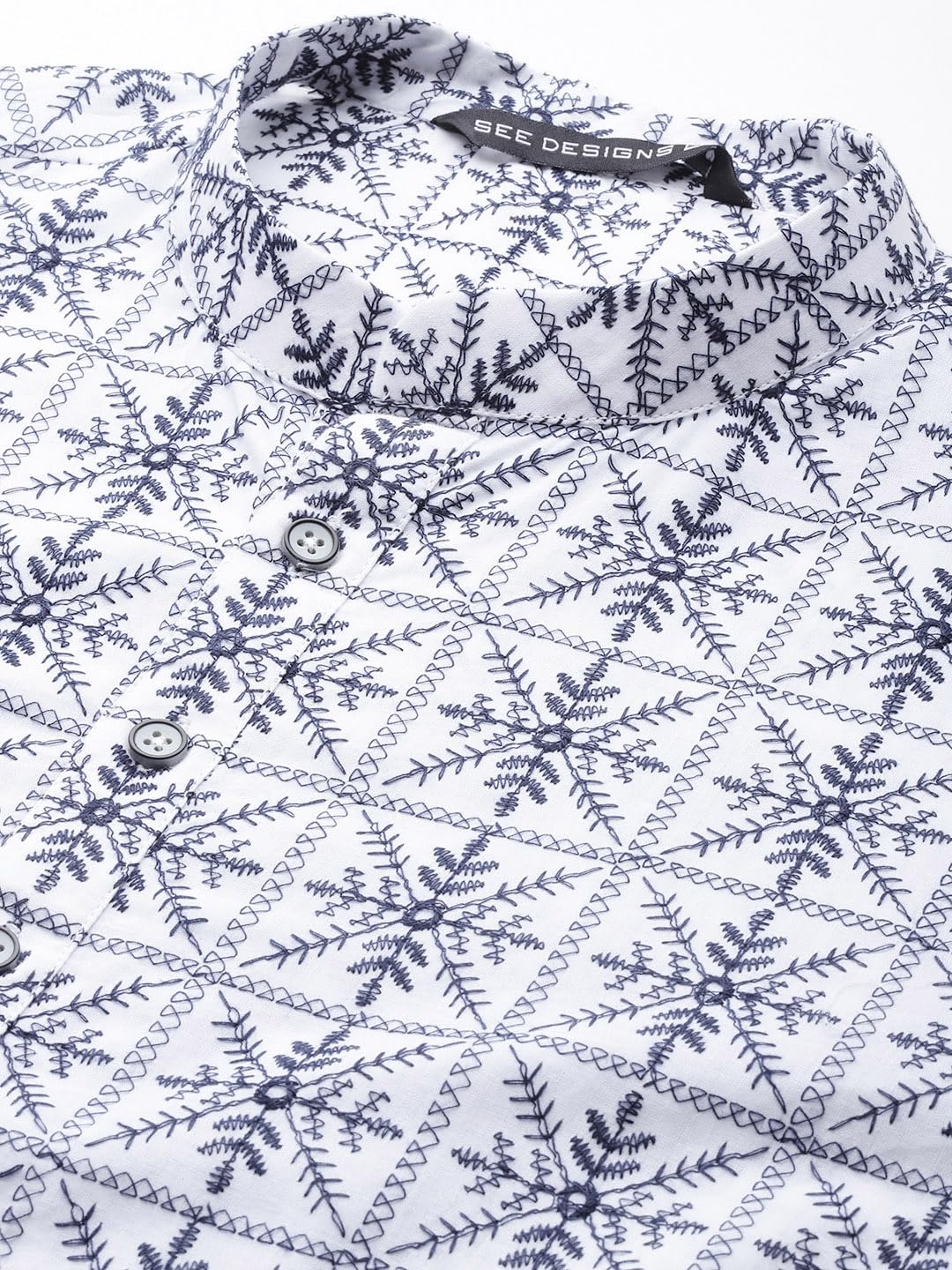 See Designs Men Mandarin Collar Off White & Blue Pure Cotton Embroidered Staright Full Sleeve Kurta With Pajama - Sd2Mekt_127001M