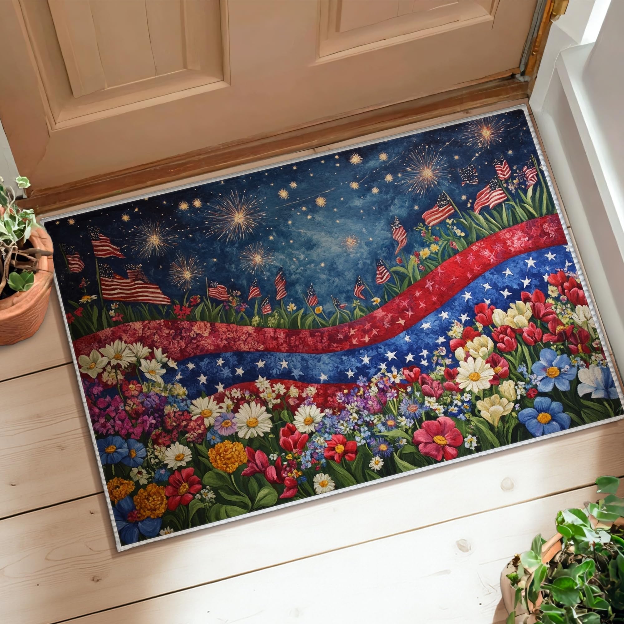 Tapis de fleurs patriotiques festives de haute qualité avec bordure tissée pour salle de bain