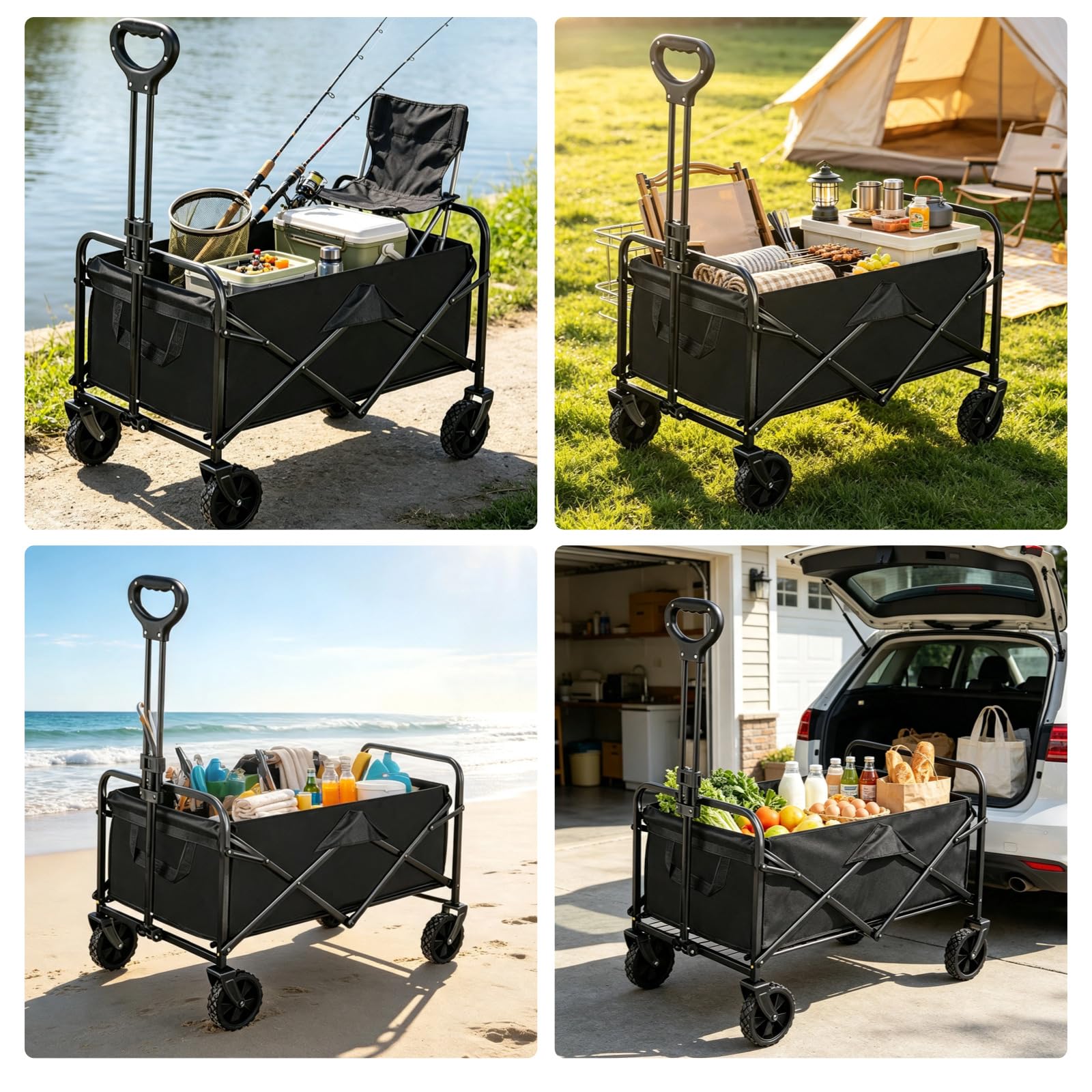 Carro plegable de 100 litros, para uso al aire libre, con asa ajustable para compras, camping y excursiones en la playa, 130 kg de carga, tela Oxford 600D (negro grueso)
