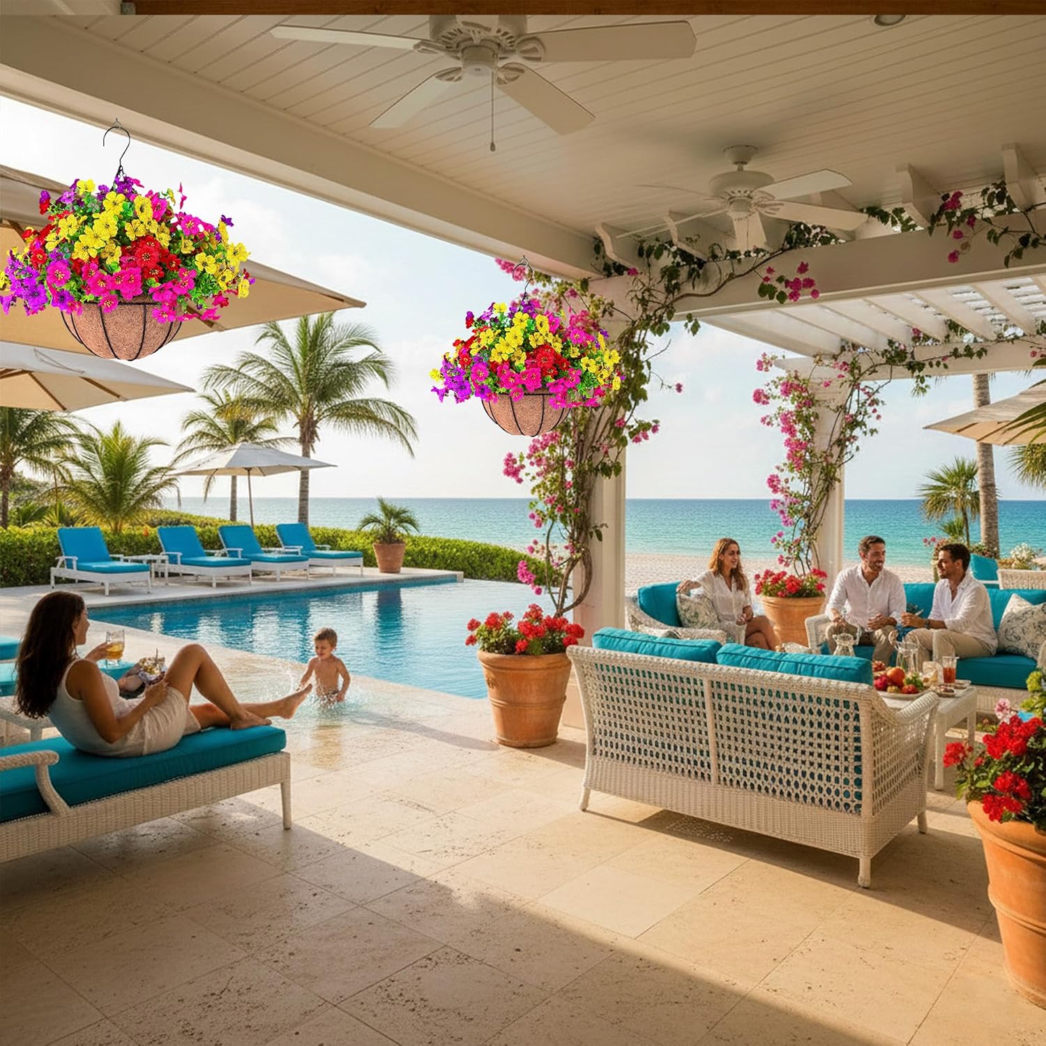 2 Set Outdoor Plants Artificial Flowers with 12" Hanging Basket, 24 Pcs Fade-Proof Vibrant Colors(Pink, Yellow, Purple, Red) Mums for Spring Summer Front Porch Patio Balcony Garden Home Decor - Image 3