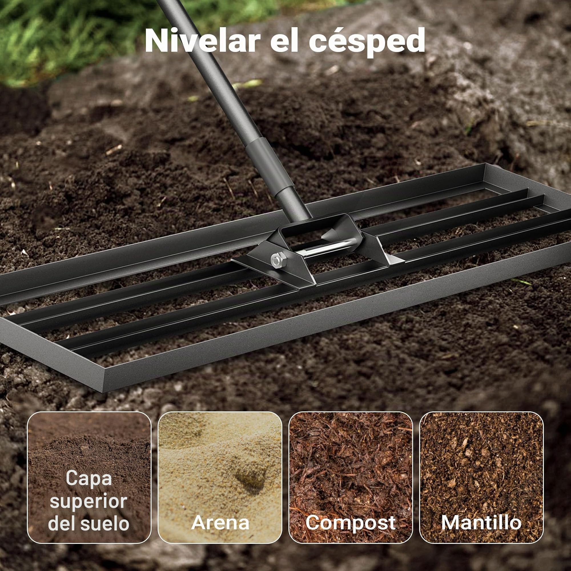 Wiltec Rasqueta niveladora de césped 121,9 x 25,4 cm con Mango de 2 m, rastrillo de césped para nivelar Suelos Irregulares, Herramienta de jardín niveladora para Alisar el césped