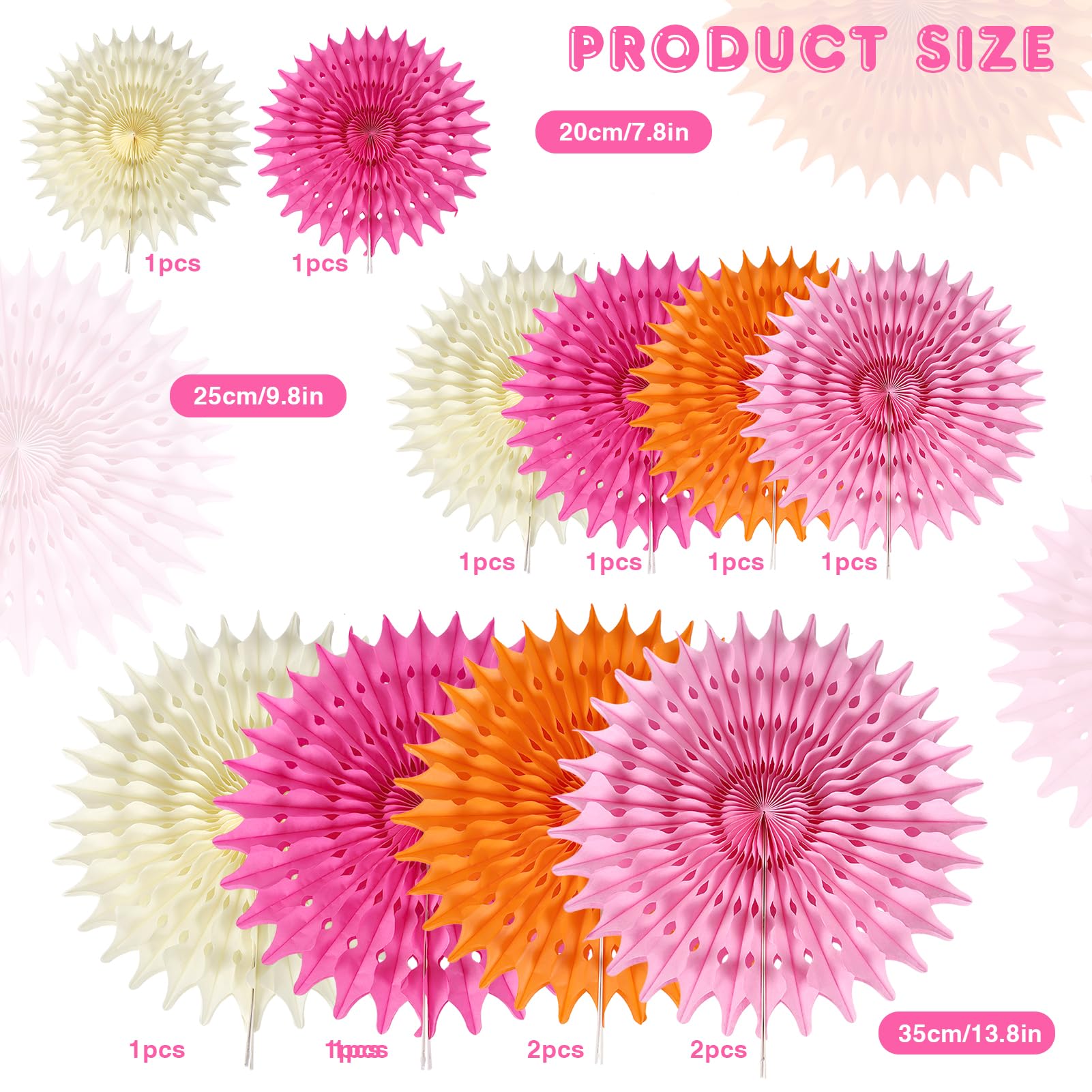 BestoFun Lot De 12 éventails En Papier Décoratifs - Couleurs Orange, Pêche, Crème Avec Pompons Et Fleurs - Pour Mariage, Anniversaire, Baby Shower - 8
