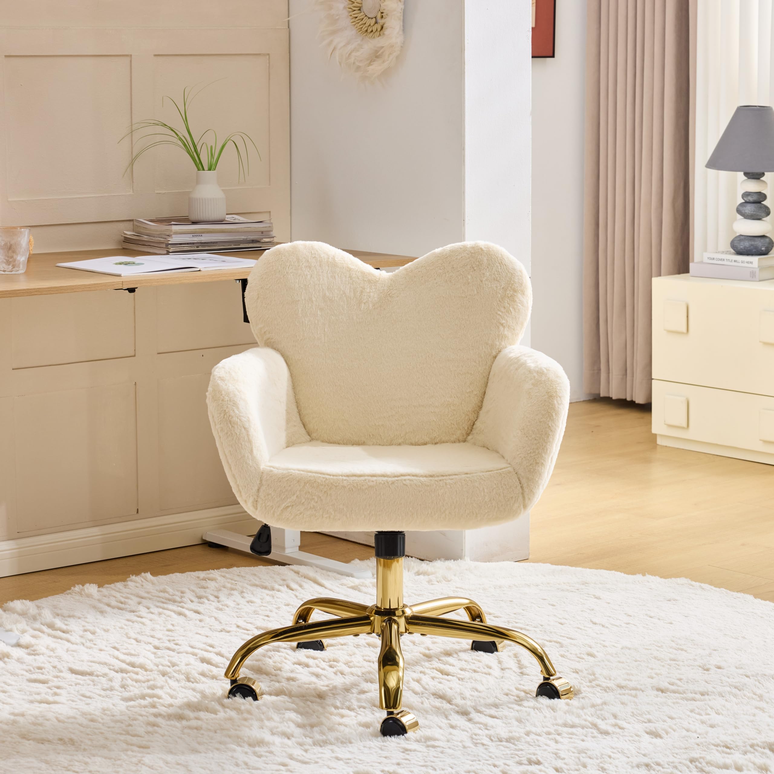 VINGLI Heart Vanity Chair with Armrests, Girls Desk Chair, Faux Fur Khaki