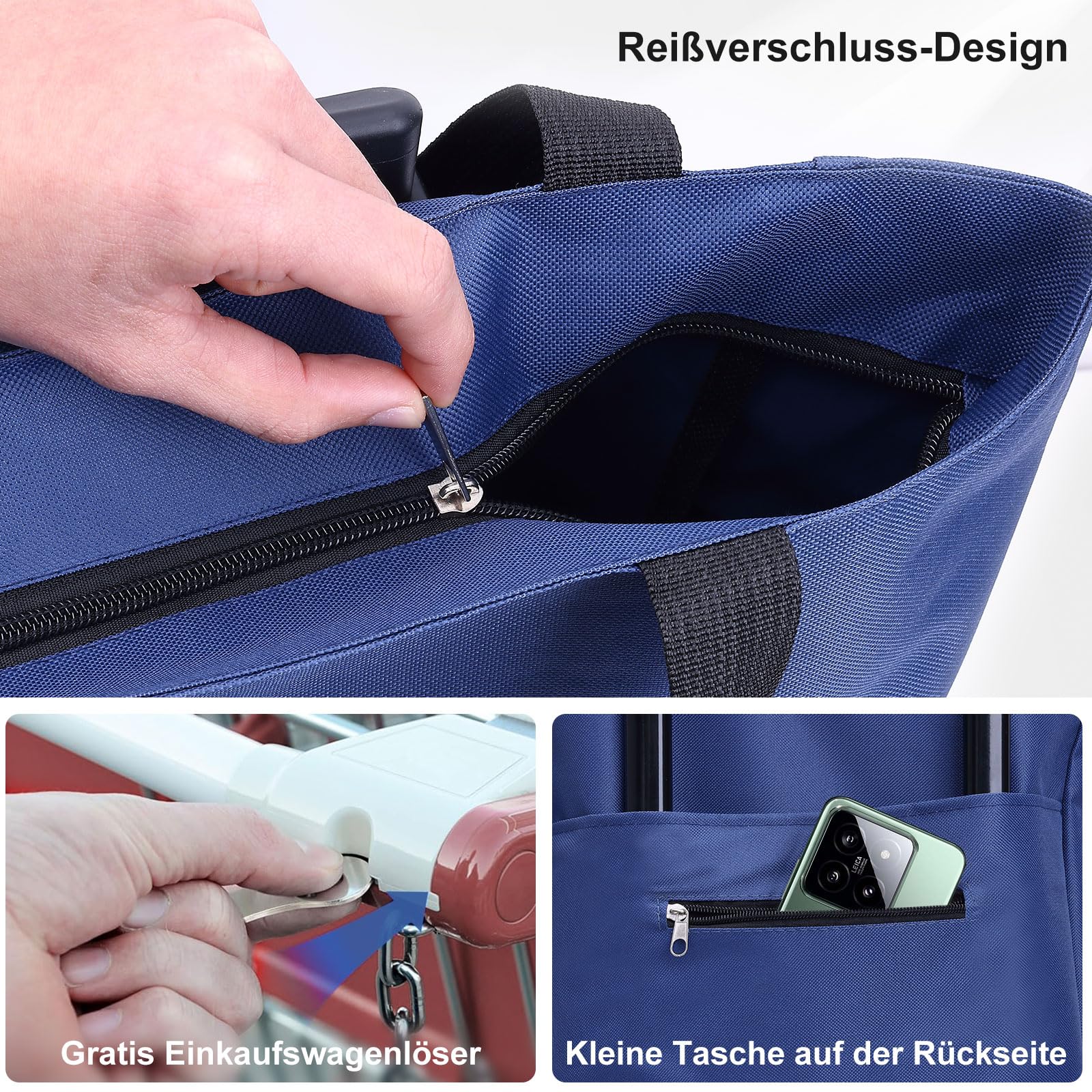 MOONCY Trolley per la spesa, 2 in 1, grande borsa per la spesa su ruote, leggero, pieghevole, per campeggio e viaggi, con risolvente per carrello della spesa, blu