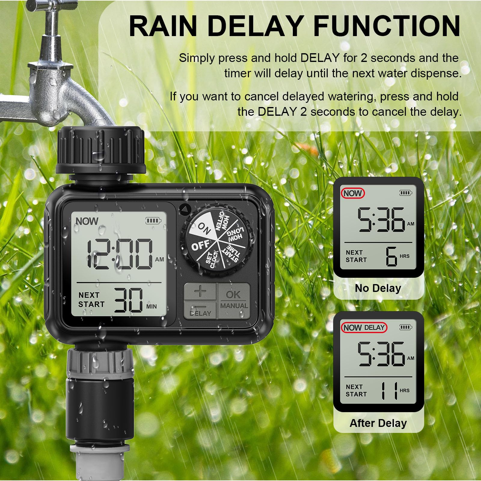 Ordenador de riego, Reloj de riego con retardo de Lluvia/Modo automático y Manual, IPX5 Resistente al Agua/Pantalla Grande Pantalla LCD Temporizador de Agua para jardín césped (1 Salidas)
