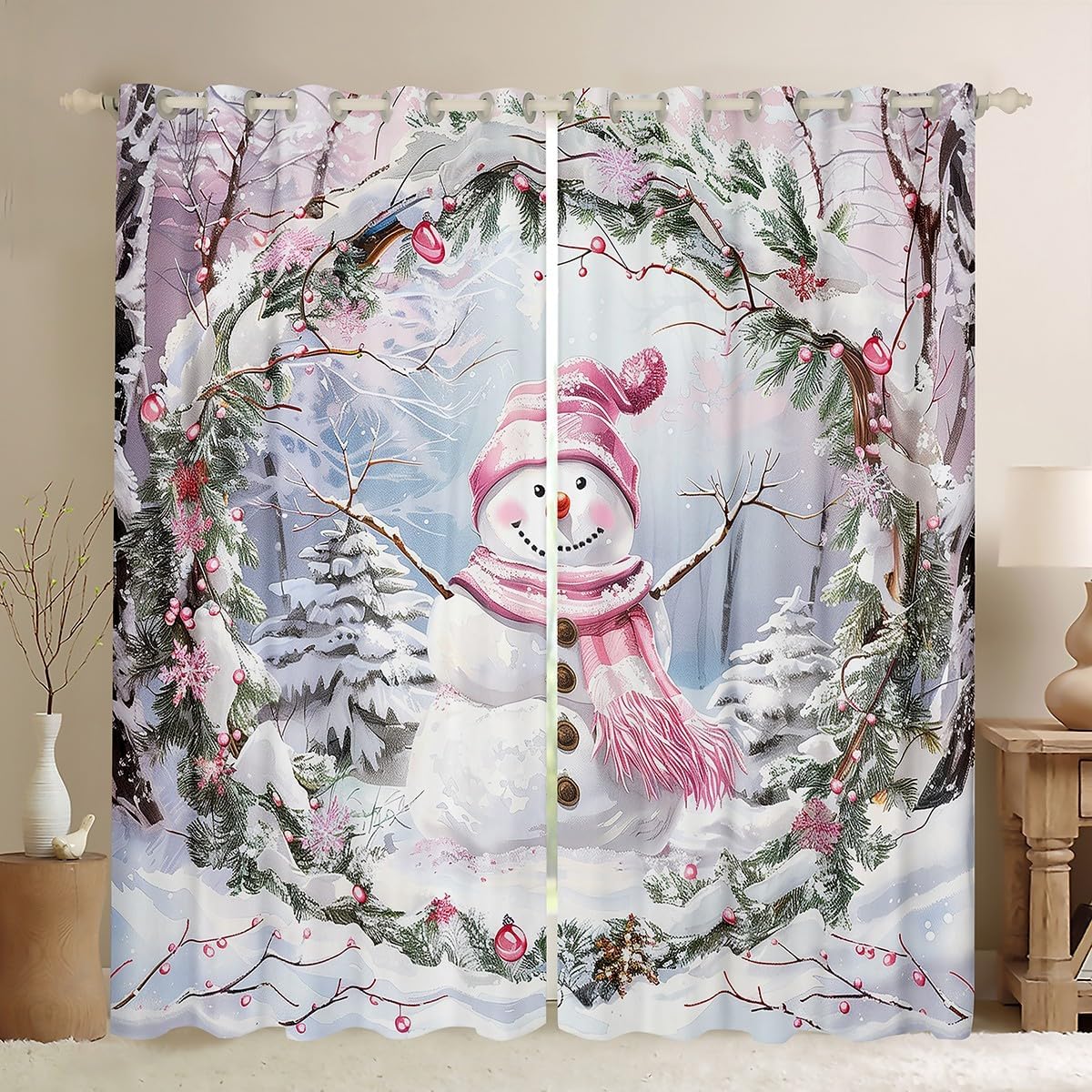Castle Fairy Red Birds Window Curtains,Winter Snow Curtain,Red Black Grid Window Drapes for Kids Teens Boys Young Man,Modern Bedroom Decorative,Merry Christmas Curtain,42Wx63L